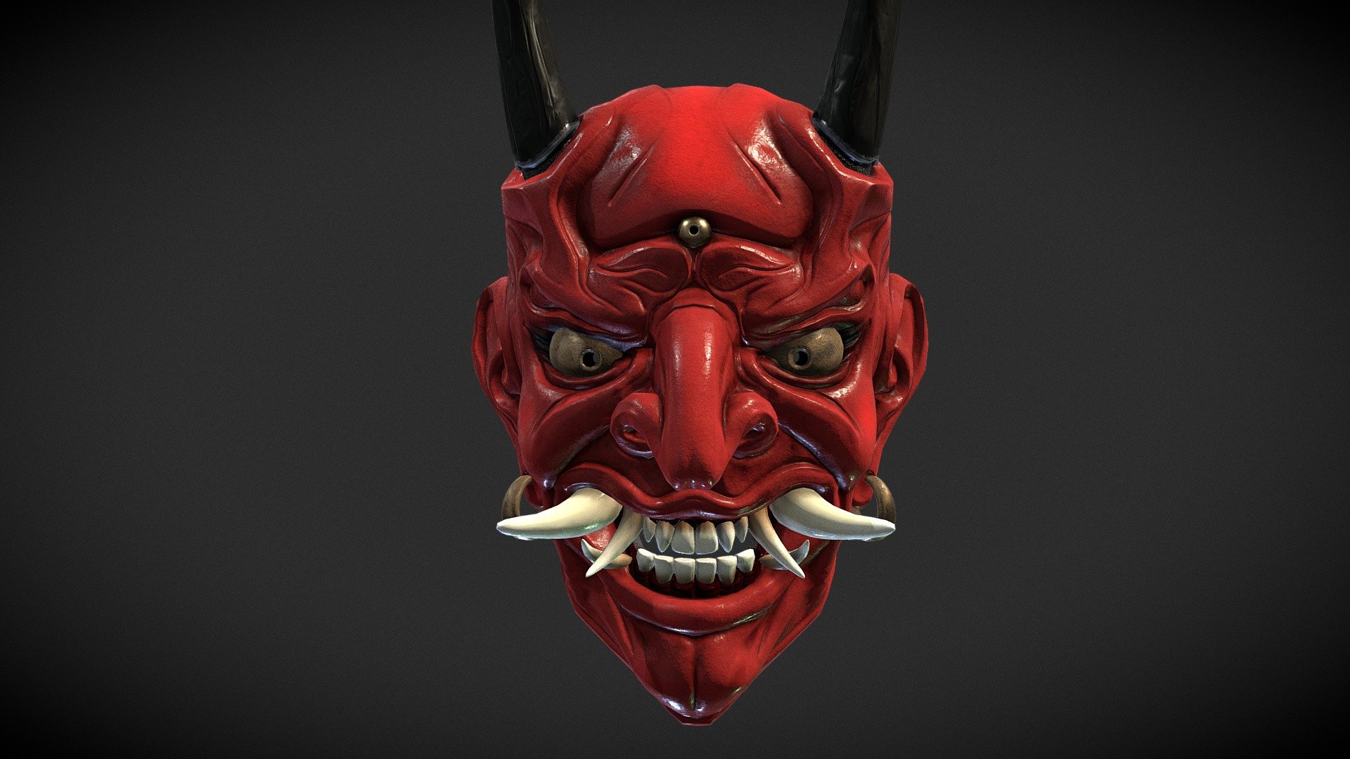 Oni (鬼) is a kind of yōkai, demon, ogre, or troll in Japanese folklore. They are typically portrayed as hulking figures with one or more horns growing out of their heads. Stereotypically, they are conceived of as red, blue or white-colored, wearing loincloths of tiger pelt, and carrying iron kanabō clubs. This is a symbol of the dark side 3d model