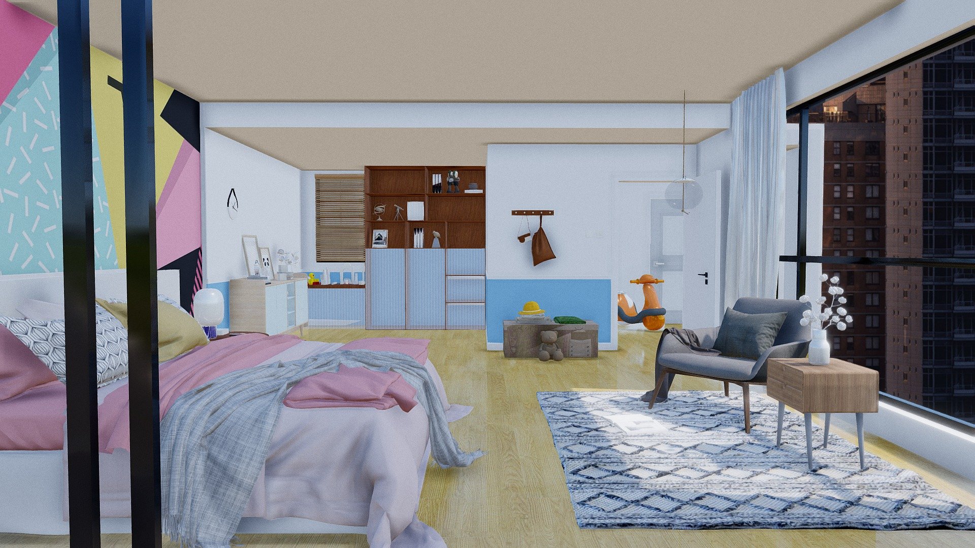 A second pronounced volume houses the children's bedroom and the office which also includes a shower room 3d model