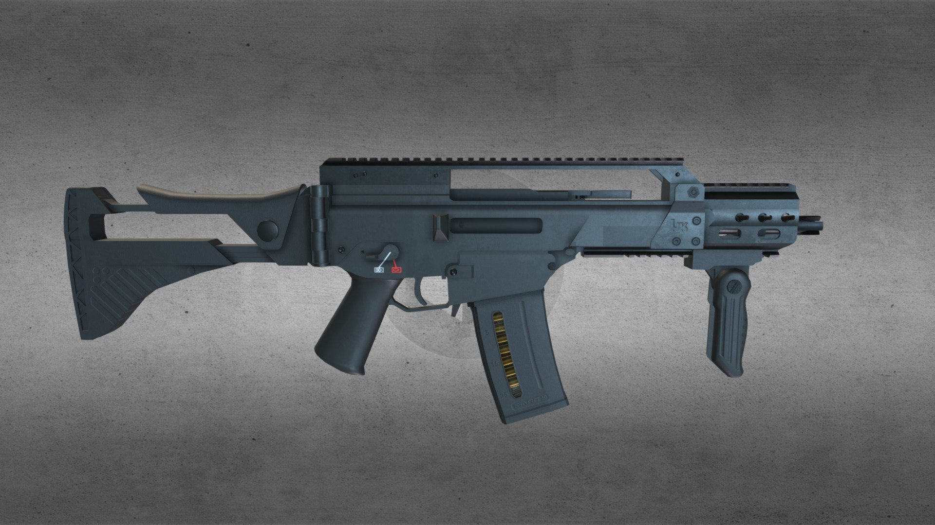 H&amp;K G36C rifle, with custom HK rail, grip and PMAG.

3 texture sets, one 4k for the rifle, one 1k for the grip and one 1k for the magazine 3d model