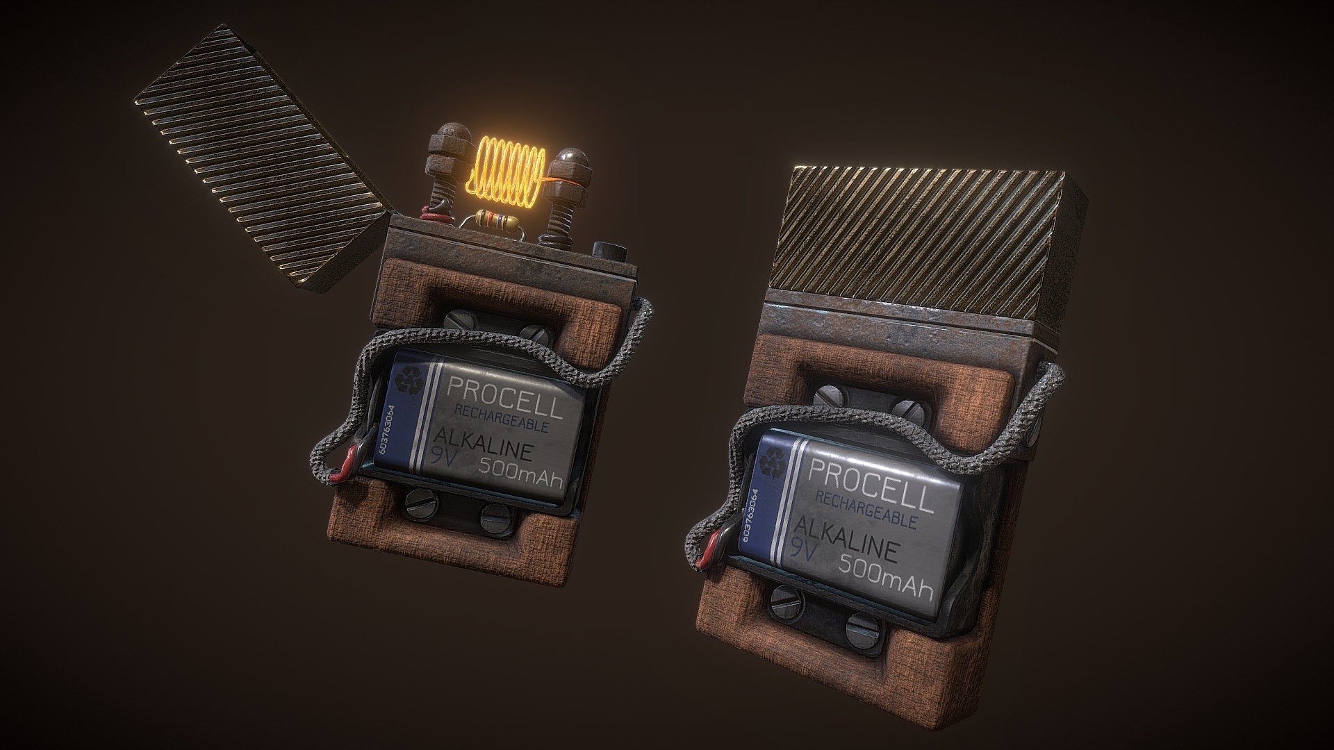 a salvaged, post apocalpytic style electric &lsquo;nichrome wire' lighter powered by a 9 volt battery 
modelled in maya 2017 textured in substance painter 2 - Salvaged 'nichrome' lighter - 3D model by Glennosaurus (@ghilby) 3d model