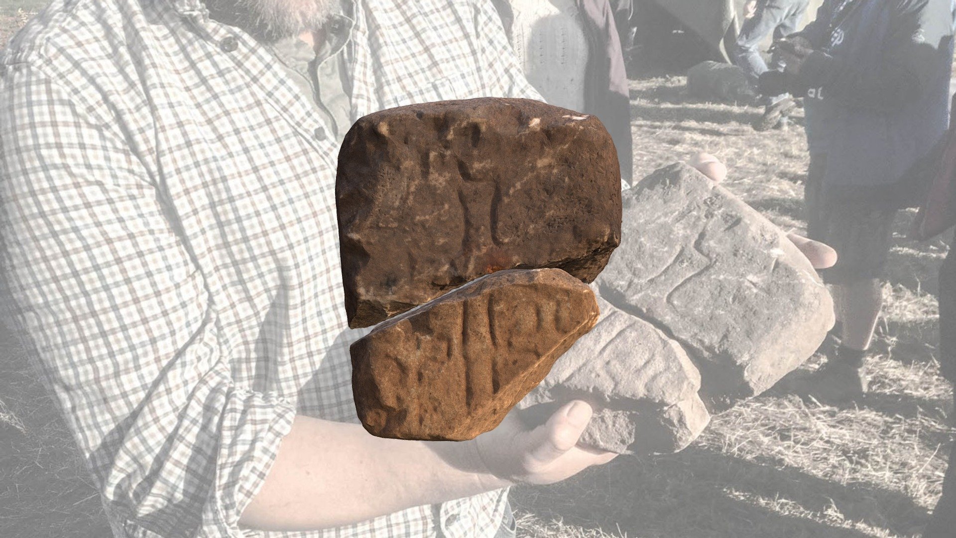 Joining fragments of cross incised carved stone. Incised image of cross shaft runs down centre of main face flanked by two partial Latin crosslets. it is not easy to find parallels to this stone from amongst the existing repertoire of early medieval stone sculpture from Anglo-Saxon England or from Scotland 3d model