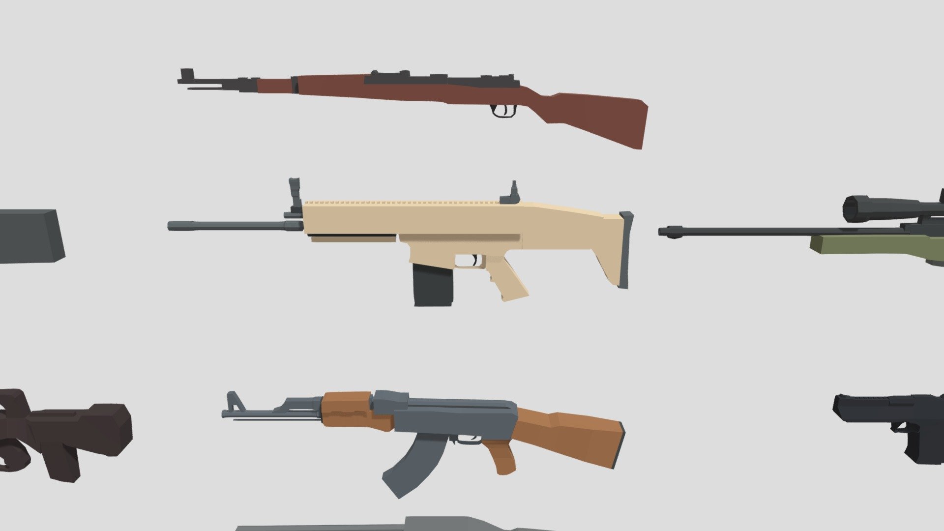 Some low poly guns I made featuring :




AK-47.

Desert Eagle

Scar-L

Shotgun

Kar98K
 - Low poly guns - 3D model by pnoiroux 3d model