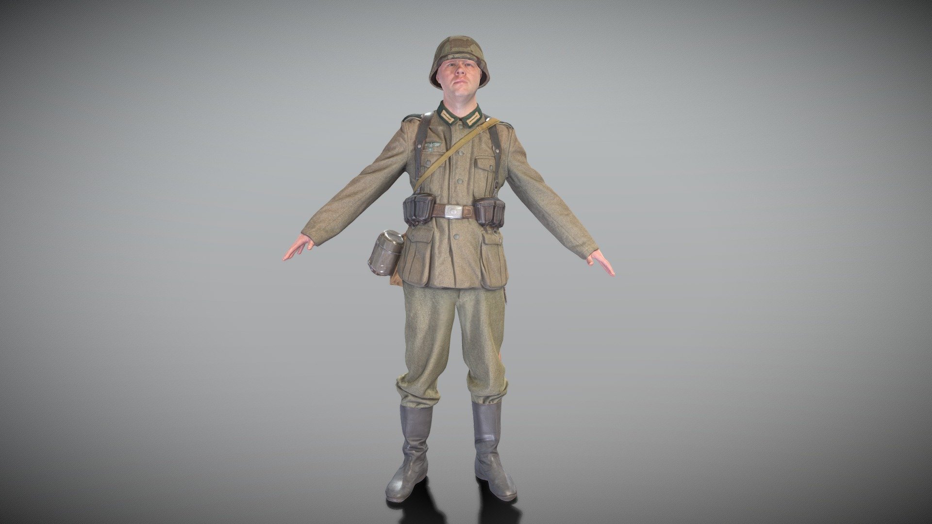 This is a true human size and detailed model of a brave soldier dressed in Wehrmacht uniform from 1940s. All props and suit are original. The model is captured in the A-pose with mesh ready for rigging and animation in all most usable 3d software.

Technical specifications:


digital double scan model
low-poly model
high-poly model (.ztl tool with 6 subdivisions) clean and retopologized automatically via ZRemesher
fully quad topology
sufficiently clean
edge Loops based
ready for subdivision
8K texture color map
non-overlapping UV map
ready for animation
PBR textures 8K resolution: Normal, Displacement, Albedo maps

Download package includes a Cinema 4D project file with Redshift shader, OBJ, FBX, STL files, which are applicable for 3ds Max, Maya, Unreal Engine, Unity, Blender, etc. All the textures you will find in the “Tex” folder, included into the main archive.

3D EVERYTHING

Stand with Ukraine! - German Wehrmacht soldier in A-pose 383 - Buy Royalty Free 3D model by deep3dstudio 3d model