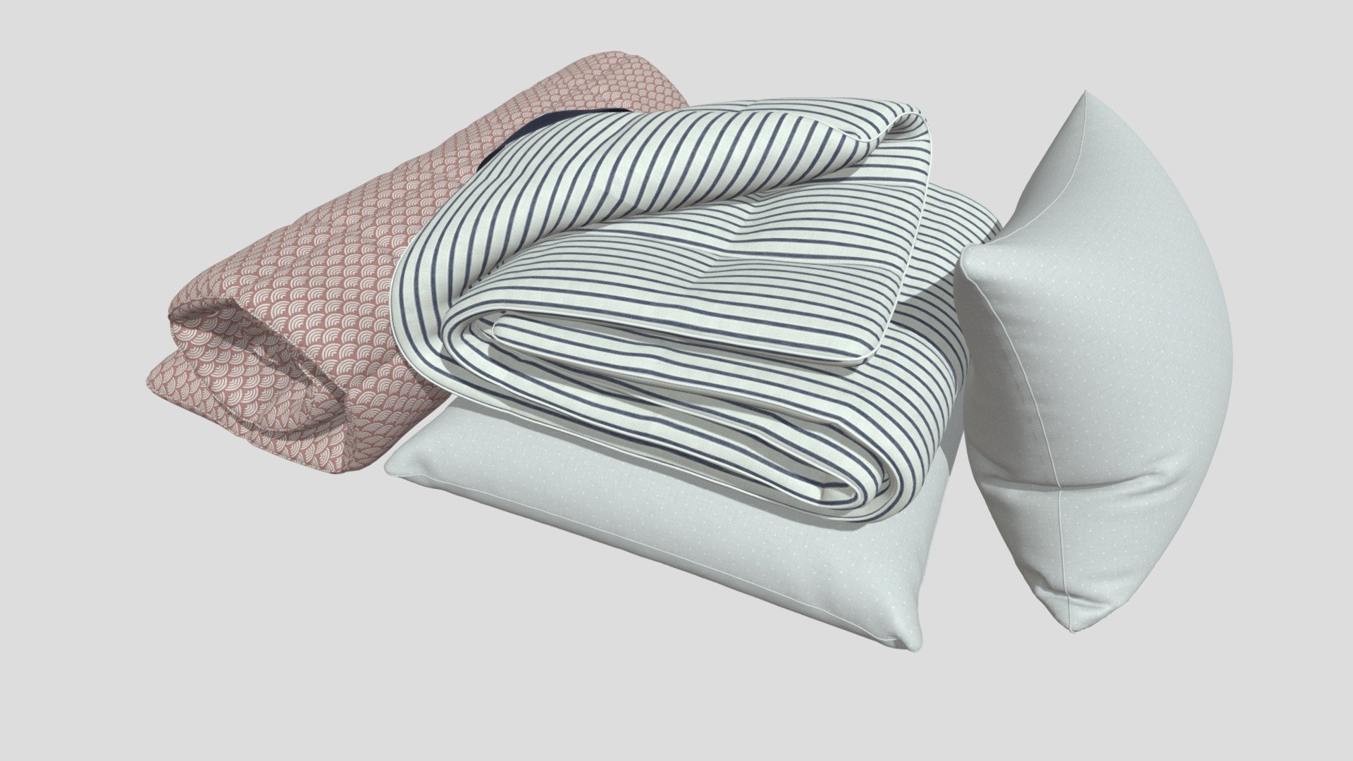 In the archive file 3ds max 2021 with maps, obf/fbx files, material library

Pillows and blanket created in Marvelous designer (UVW mapping and retopology done in 3Ds Max).
Dimensions: 1758mm x 1231mm x 516mm - Blanket and pillows - Download Free 3D model by niteris 3d model