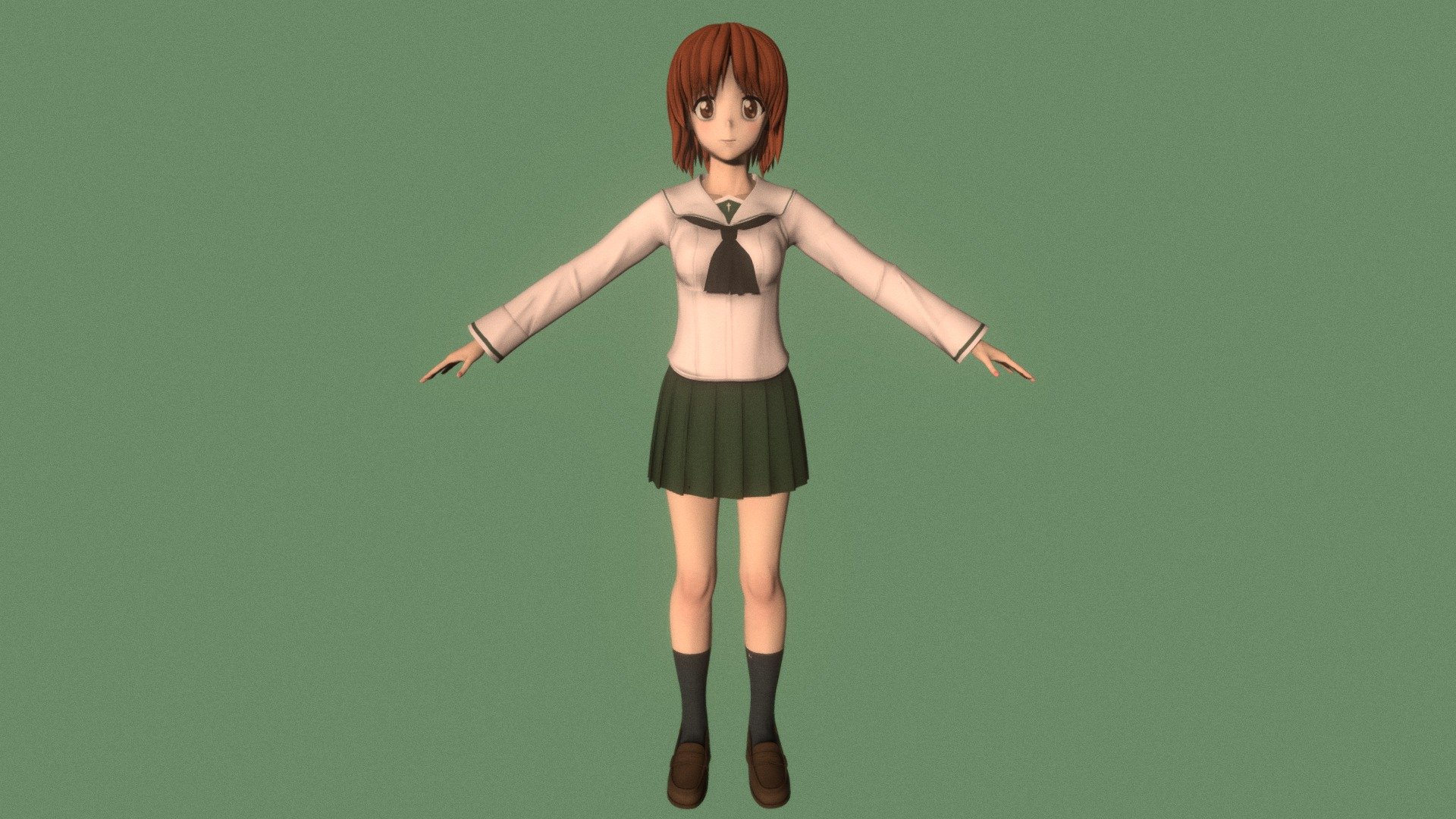 T-pose rigged model of anime girl Miho Nishizumi (Girls und Panzer).

Body and clothings are rigged and skinned by 3ds Max CAT system.

Eye direction and facial animation controlled by Morpher modifier / Shape Keys / Blendshape.

This product include .FBX (ver. 7200) and .MAX (ver. 2010) files.

3ds Max version is turbosmoothed to give a high quality render (as you can see here).

Original main body mesh have ~7.000 polys.

This 3D model may need some tweaking to adapt the rig system to games engine and other platforms.

I support convert model to various file formats (the rig data will be lost in this process): 3DS; AI; ASE; DAE; DWF; DWG; DXF; FLT; HTR; IGS; M3G; MQO; OBJ; SAT; STL; W3D; WRL; X.

You can buy all of my models in one pack to save cost: https://sketchfab.com/3d-models/all-of-my-anime-girls-c5a56156994e4193b9e8fa21a3b8360b

And I can make commission models.

If you have any questions, please leave a comment or contact me via my email 3d.eden.project@gmail.com 3d model