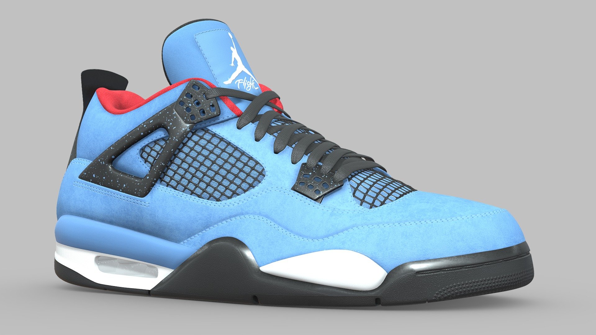 Iconic Jordan shoe with one of its most hyped up colourways. The Jordan 4 Cactus Jack, designed by Houston rapper Travis Scott are a sight to behold. This shoe features a lighter shade of blue suede on the upper. Black accents, a red liner, paint splatter detailing, a white midsole and “Cactus Jack” branding on the back heel tab finish things off.

This model is a 1:1 replication of the original. All dimensions, angles, and curves are the same as the real life counterpart. The shoe is subdivision ready with a base polycount of 56,640 polys per shoe. The mesh uses four texture sets, all at 4096x4096 resolution, with the following maps in use: Base Color, Metallic, Roughness, Normal. The base color map contains the transparency information.

There is an optimized, One Mesh version which has a lower polycount, 25,872 polys per shoe. This was achieved by removing small stitches and smoothing out the sole of the shoe

The main Blender files contain the full texture setup 3d model