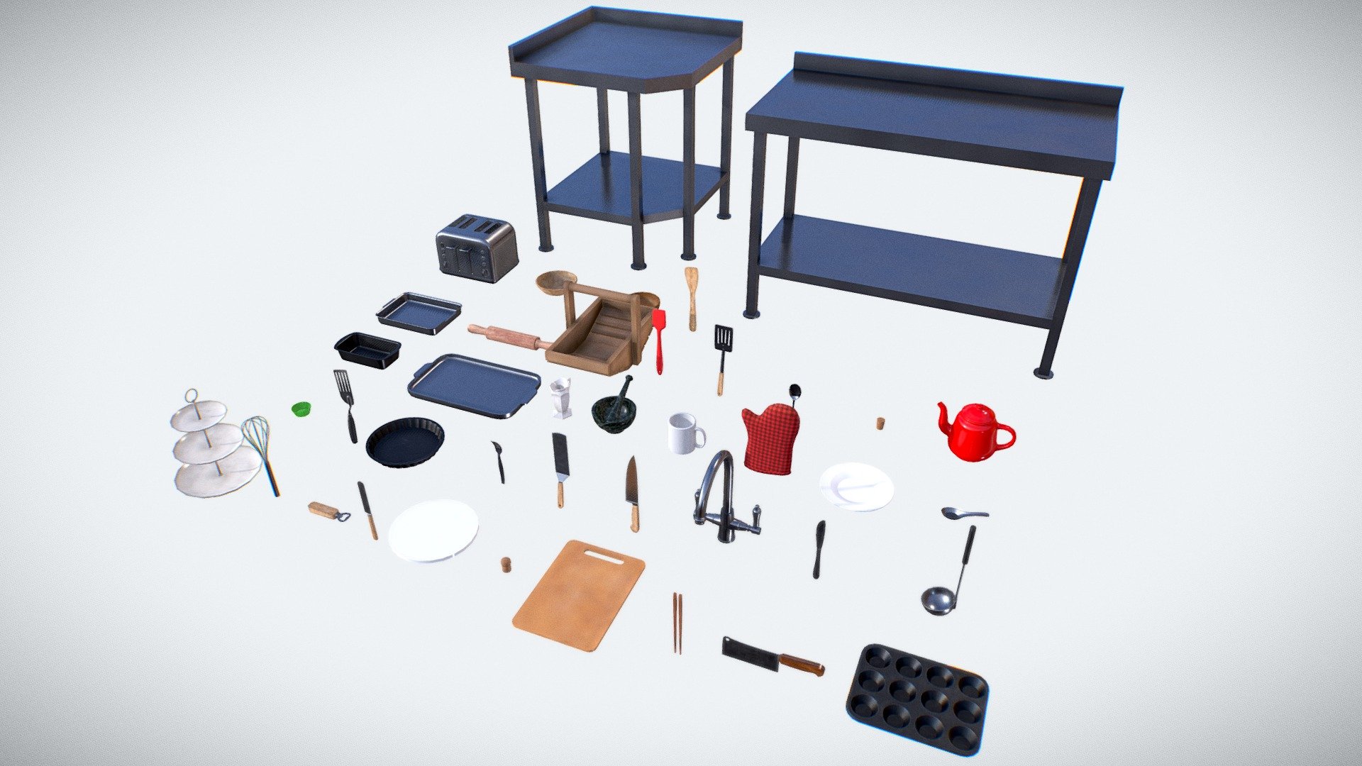 Kitchen Assets Pack - 41 Realistic Objects

Every assets are using 2048x2048 highly realistic textures ( Base Color - Metalness - Roughness - Normal). 
Every asset is optimized and UV Unwrapped. This means these models can be used in any work.

This pack contains : 
3 tier cake stand - Balloon whisk - bottle opener - butter knife - cake stand - champagne cork - chopping board - chopsticks - cleaver - cupcake baking tray - cupcake case - fish slice - flan tin - fork - griddle spatula - kitchen knife - kitchen tap - ladle - loaf tin - metal tray - milk jug - mortar and pestle - mug - plate - rice spoon - roasting tray - rolling pin - rustic wood hand basket - silicone spatula - spoon - tapered cork - teapot - toaster - wooden bowl - wooden spatula - food preparation table + corner - knife - oven glove - Kitchen Assets Pack - 41 Realistic Props - Buy Royalty Free 3D model by remidoes3d 3d model