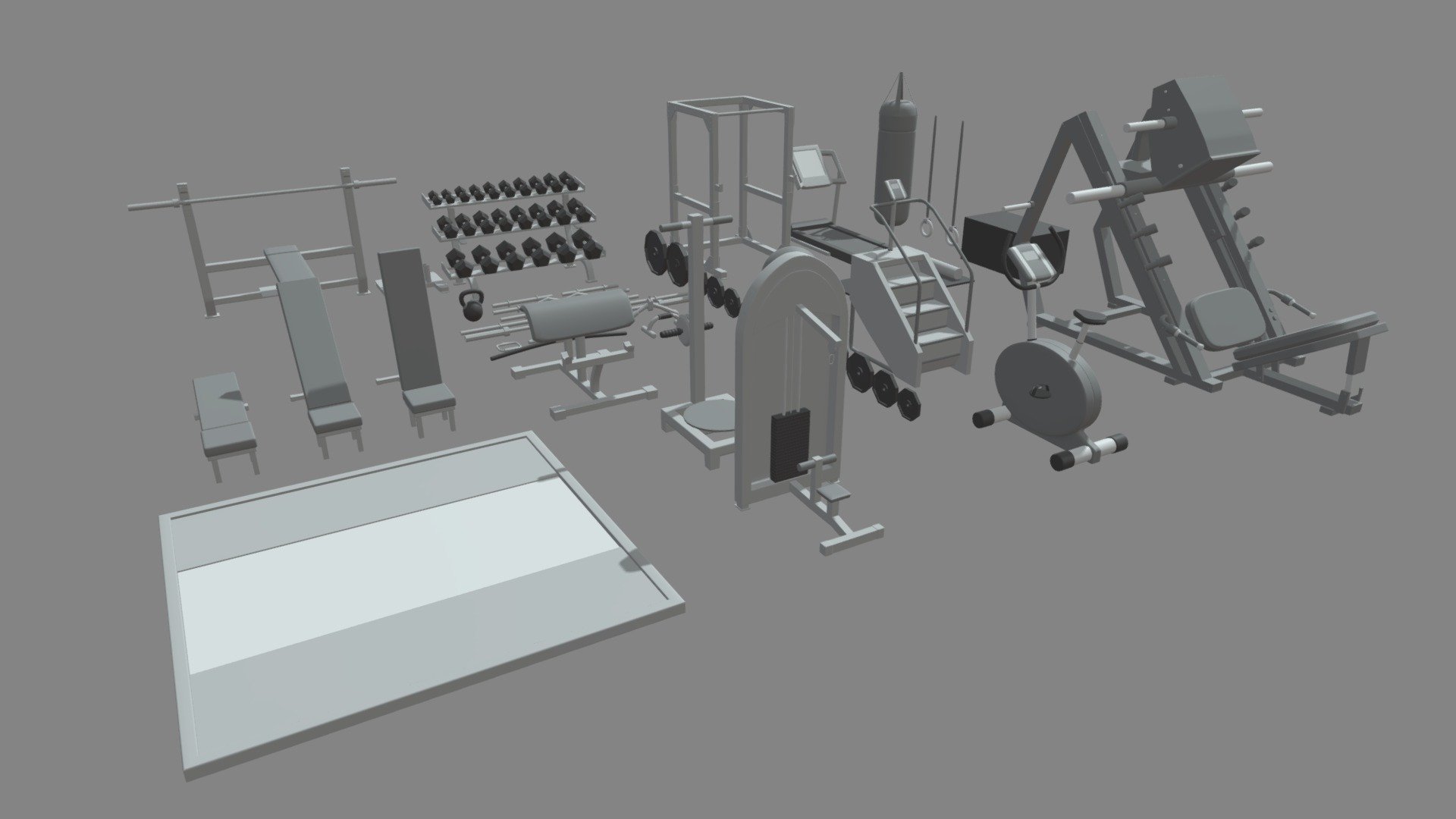 This model contains a Low Poly Gym based on real machines and gym equipments which i modeled in Maya 2018. This model is perfect to create a new great scene with different gym equipment or to create any sportive scenary or bodybuilding scene.

The model is separated in each machine or equipment very well organized in the outliner. There is no UV's, no textures, just materials, black, grey and white materials. If you need the models to be separated or joined contact me.

If you need any kind of help contact me, i will help you with everything i can. If you like the model please give me some feedback, I would appreciate it.

Don’t doubt on contacting me, i would be very happy to help. If you experience any kind of difficulties, be sure to contact me and i will help you. Sincerely Yours, ViperJr3D - Low Poly Gym - Buy Royalty Free 3D model by ViperJr3D 3d model