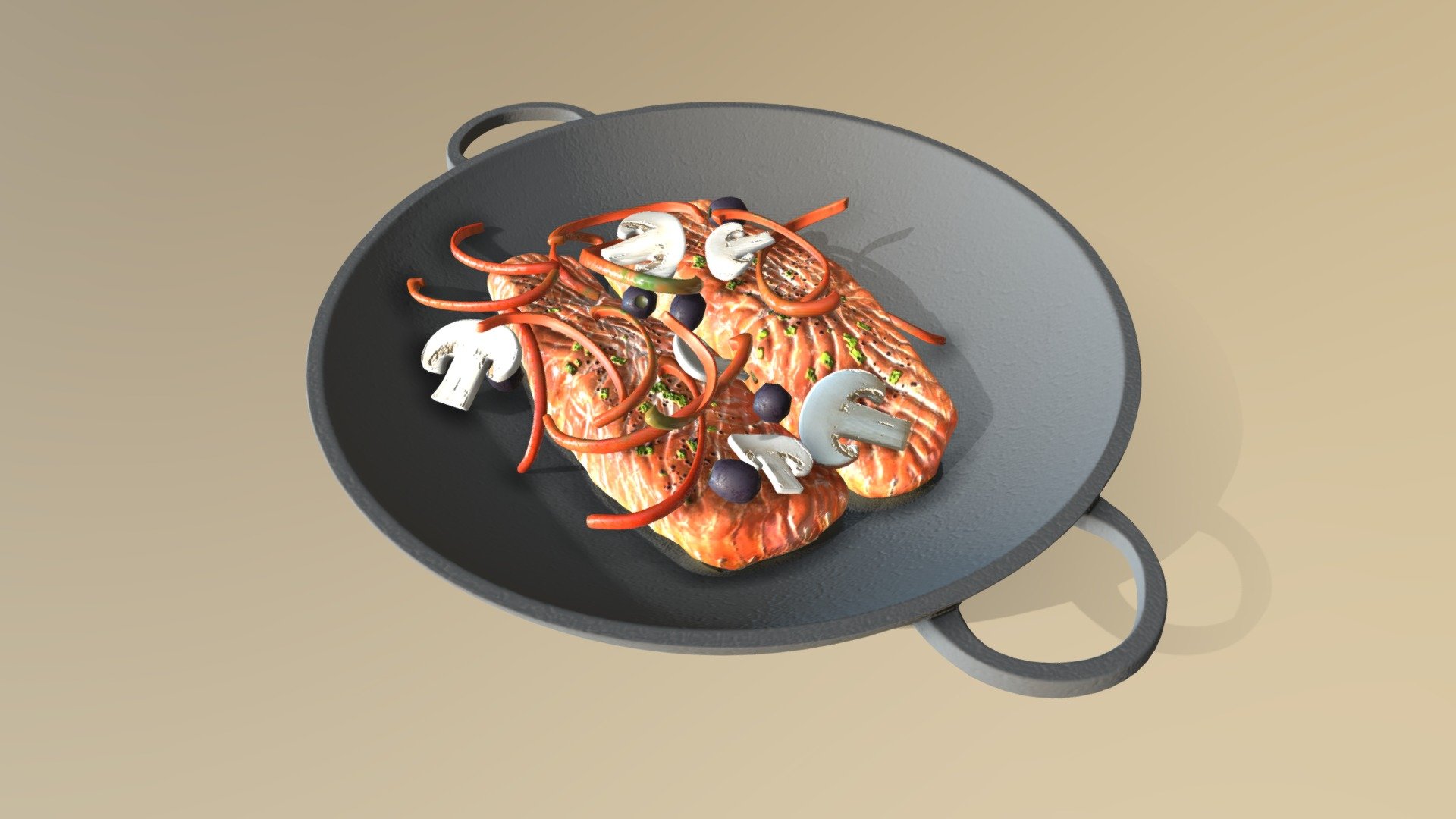 The design is at the center of the scene and comes with two groups - ingredients and pan. 
This model is available in 2 different formats, so everyone can use it:
•   fbx.
•   obj 3d model
