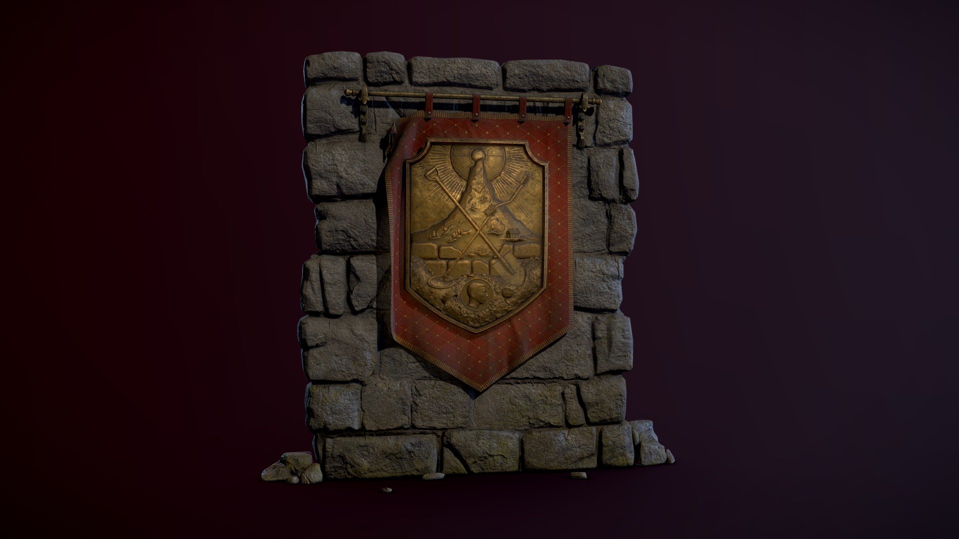 I developed this model from scratch for one game I worked on earlier.

For this project I used:

modo (modeling) - wall, metal crossbar and flag (fabric simulation)

3d Coat (sculpting) - coat of arms

Substance Painter - texturing - Family coat of arms - 3D model by Pavel Egorov (@Pavel.Egorov) 3d model