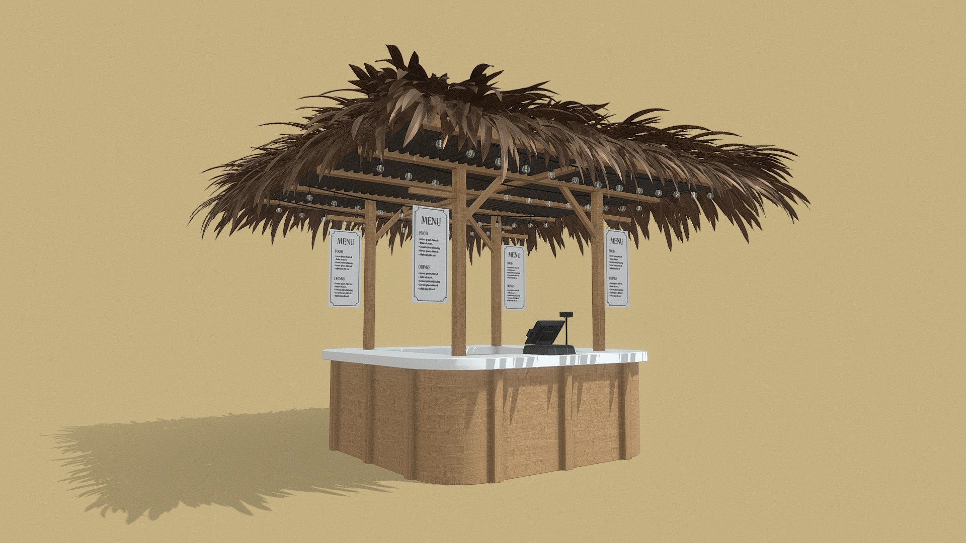Beach Bar 3x3 Meters

Measurements:




Bar is: 3.00m x 3.00m x 3.00m (L,W,H)

Roof is: 4.00m x 4.00m

Textures Included:




Wood

Menu

IMPORTANT NOTES:




This model does not have materials, but it has separate generic materials, it is also separated into parts, so you can easily assign your own materials.

Just the parts with texture have Unwrapped UVs, All the other parts doesn't have Unwrapped UVs.

Model units are on meters.

If you have any questions about this model, you can send us a message 3d model