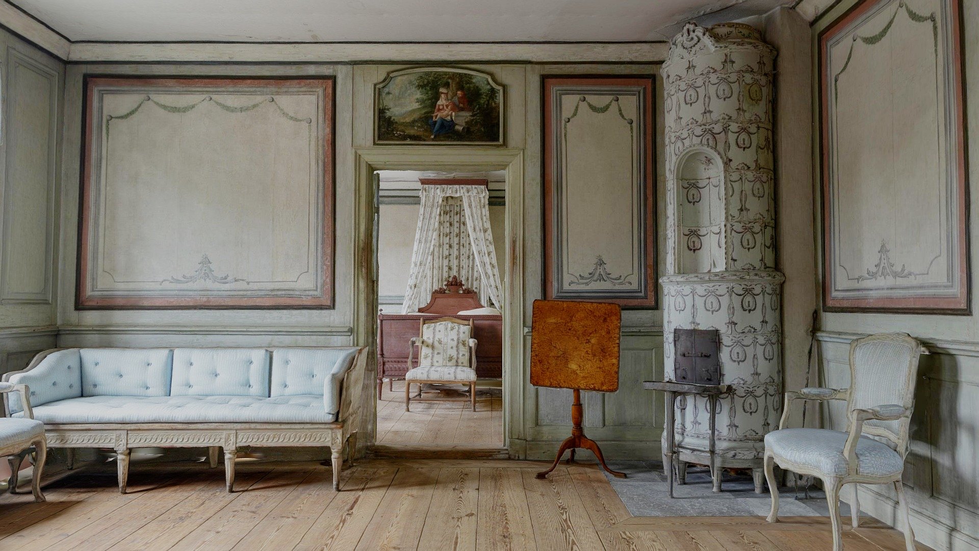 The Baroness’ antechamber and bedroom, are both decorated and furnished in Gustavian style with some details of an older character Rococo style. So e.g. are the door tops from the middle of the 18th century, and the armchairs in the antechamber as well as the gilded console table between the windows are characterized by Rococo line play. The antechamber table is signed by Lars Nordin and the hammer piano by Pehr Lindholm, both in Stockholm.
In the bedchamber, the main object is a pull-out bed with curtains of printed linen fabric (reprint after original in Stockholm Castle). The bed is painted in a reddish-brown color, which apparently wants to give the illusion of mahogany. On the cloth-covered dressing table, which is a reconstruction with the guidance of contemporary,  cans and bottles of paintings typical of the time, stand in front of a simple mirror from 1794. 

This model is produced by Virtualsweden AB for Skansen - The Baroness´s antechamber Skogaholm manor - 3D model by Virtualsweden 3d model