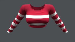 Female Sriped Long Sleeves Crop Sweater red, cute, winter, white, tshirt, shirt, fashion, t, girls, top, long, clothes, summer, stripes, sweet, sleeves, sweater, striped, casual, womens, t-shirt, wear, crop, pbr, low, poly, female