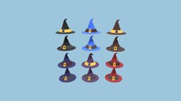Wizard Hat Pack kit, hat, wizard, leather, medieval, unreal, accessories, pack, clothes, collection, mage, magix, unity, cartoon, blender, lowpoly, witch, gameasset, stylized, fantasy, halloween