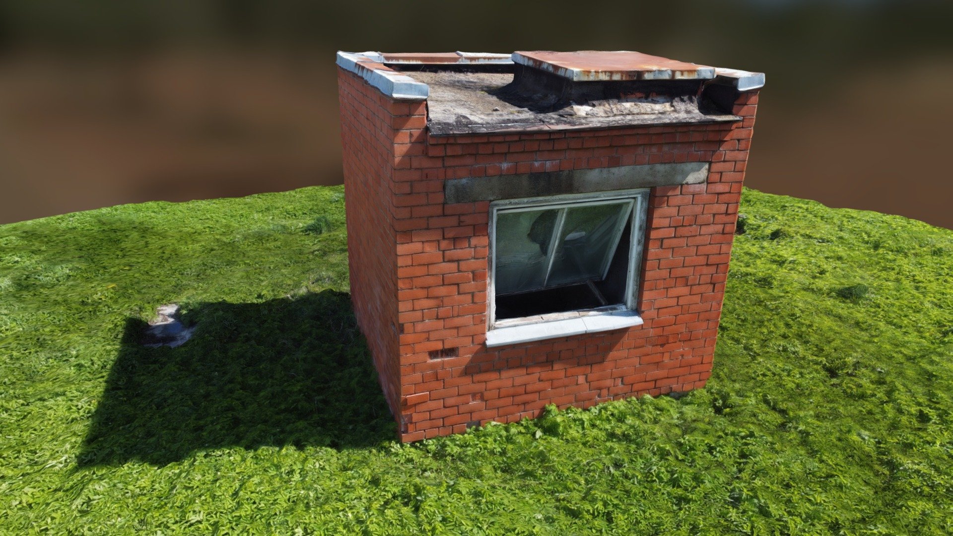 Small, abandoned building made of red bricks.
Open wooden window with glass.
Wooden doors. 
Rusty, metal on roof 3d model