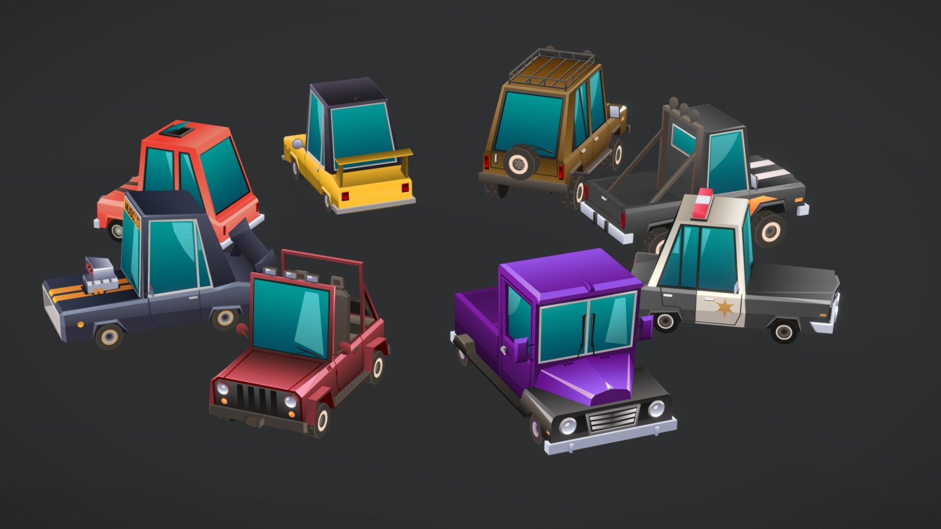 Low-poly cartoon style cars. It was really enjoyable to create these cars. 
Made with blender 3d model