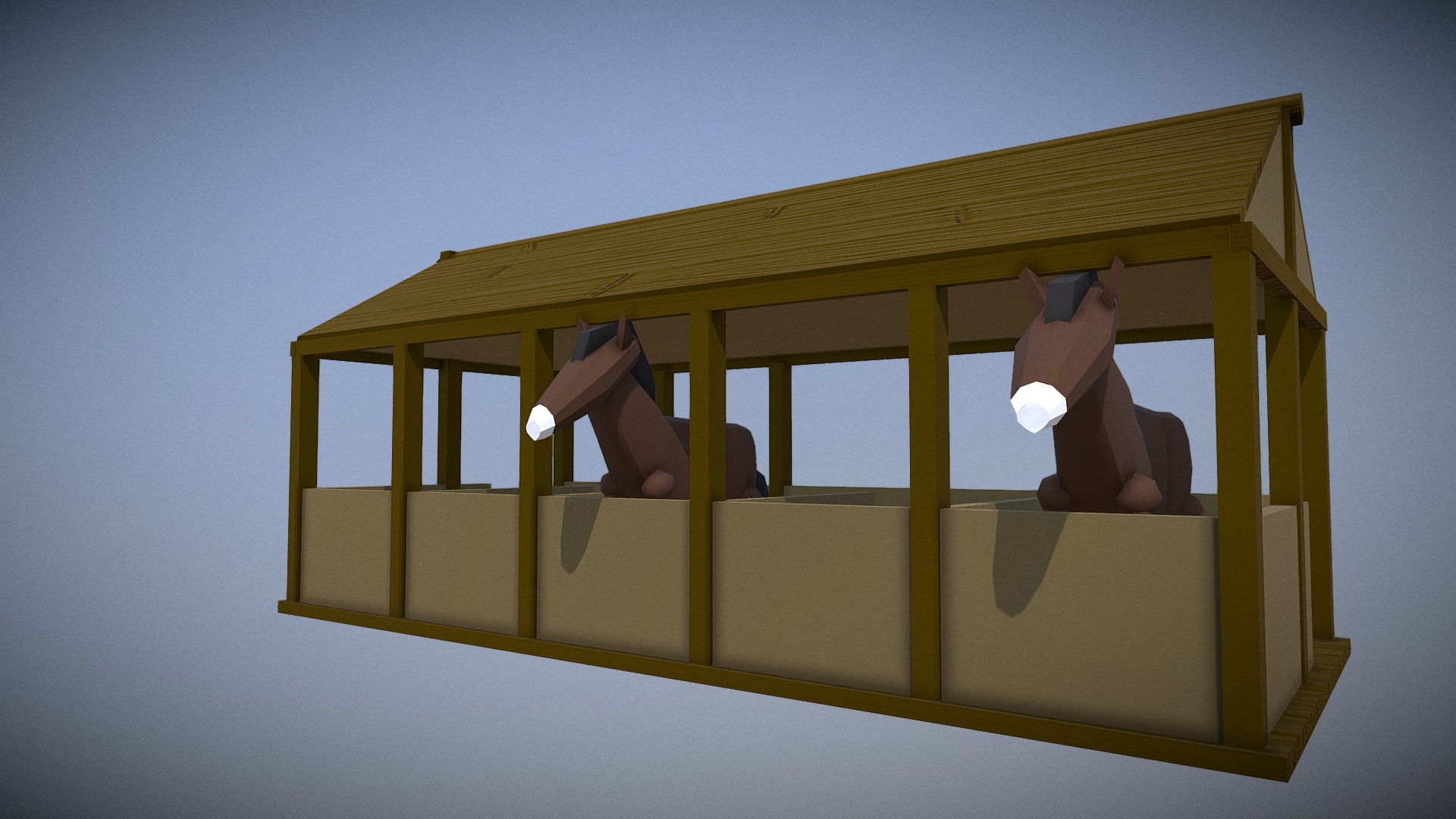 An Stable with 2 horses in it rigged, textured and bumpmap. Made in 3ds max.
Polys 1,315. Verts 1,436 3d model