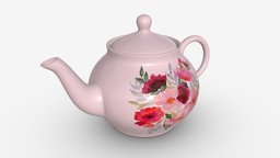 Classic Ceramic Teapot 03 drink, teapot, tea, pot, porcelain, breakfast, pottery, rose, china, classic, ceramic, beverage, kitchenware, utensil, dishware, 3d, pbr, flowery