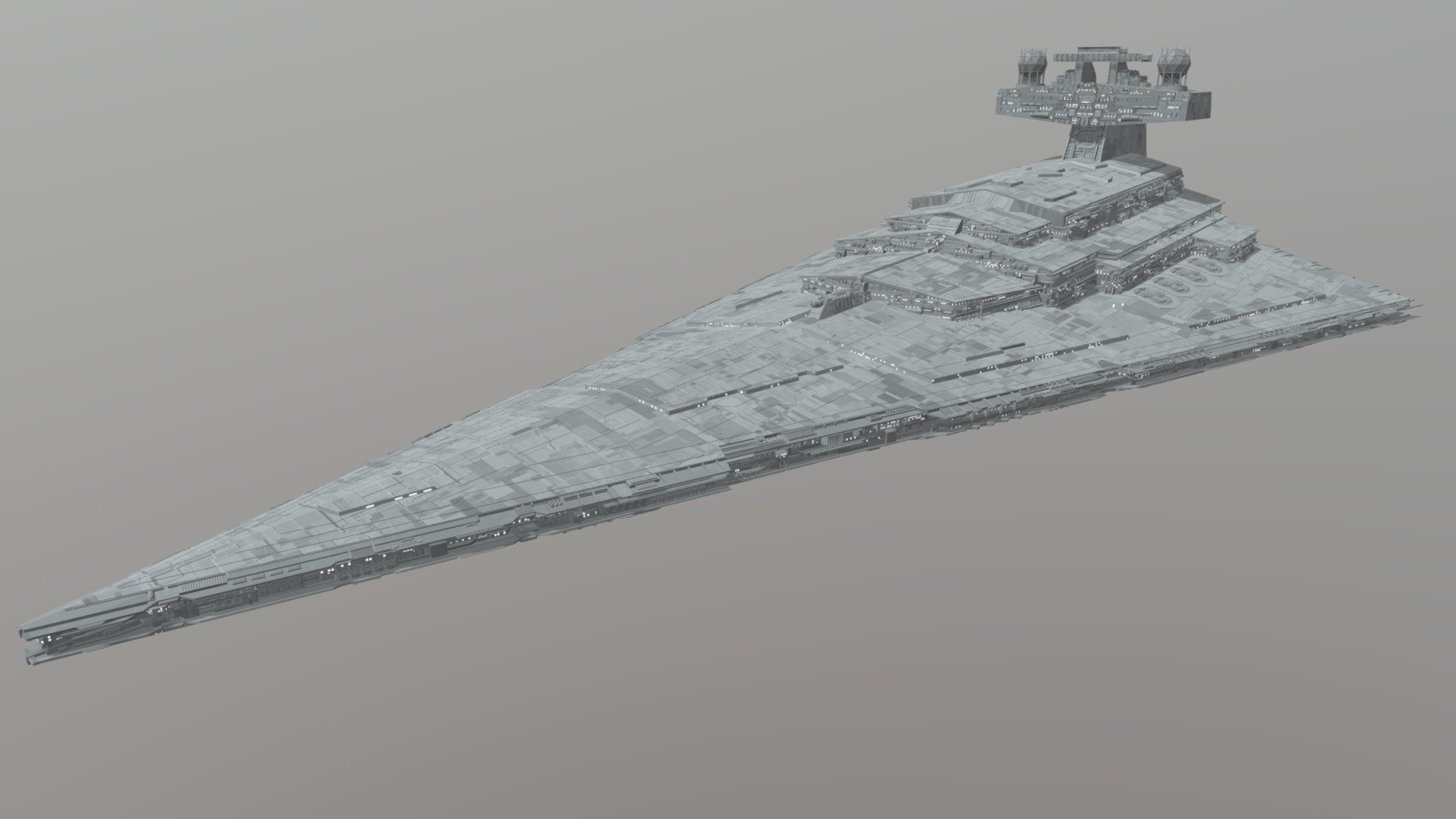 The Imperial-Class Star Destroyer of the Galactic Empire. If i remember correctly, this was also Darth Vader's personal flagship at one point (the Devastator).

As seen from my Reddit post;
https://www.reddit.com/r/blender/comments/u3baof/imperialclass_star_destroyer_from_star_wars_that/

As with my other star wars ships, this model was also modelled and textured in Blender and Microsoft Paint. JSPlacement was also used when creating the hull plating texture.

Edit; I was told that there were apparently 2 variants of this star destroyer; the imperial-I class, and the imperial-II class. I was also told that the one I have here resembles the imperial-II variant, but since I don't know the differences between variants, I don't really know.

Feel free to use this model for any of your personal projects! - Star Wars; Imperial-Class Star Destroyer - Download Free 3D model by Heataker 3d model