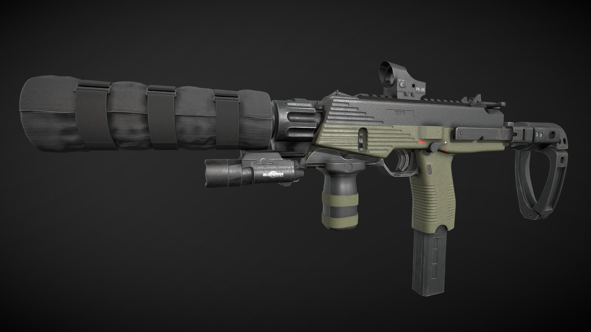I had a blast creating this one. B&amp;T MP9 with some custom part that I've found inspiration on the internet.
Modelled in blender, textured in substance painter.

MP9: 17.632 tri
Zenitco perst-4: 7.550 tri
Silencor + cover: 5.677 tri
Surefire x300: 2.820 tri
PK06: 1.758 tri
Grip: 1.452 tri

2k texture: MP9 &amp; Silencor
1k texture: Zenitco &amp; Surefire &amp; PK06 &amp; Grip - MP9 custom - 3D model by 1fluux 3d model