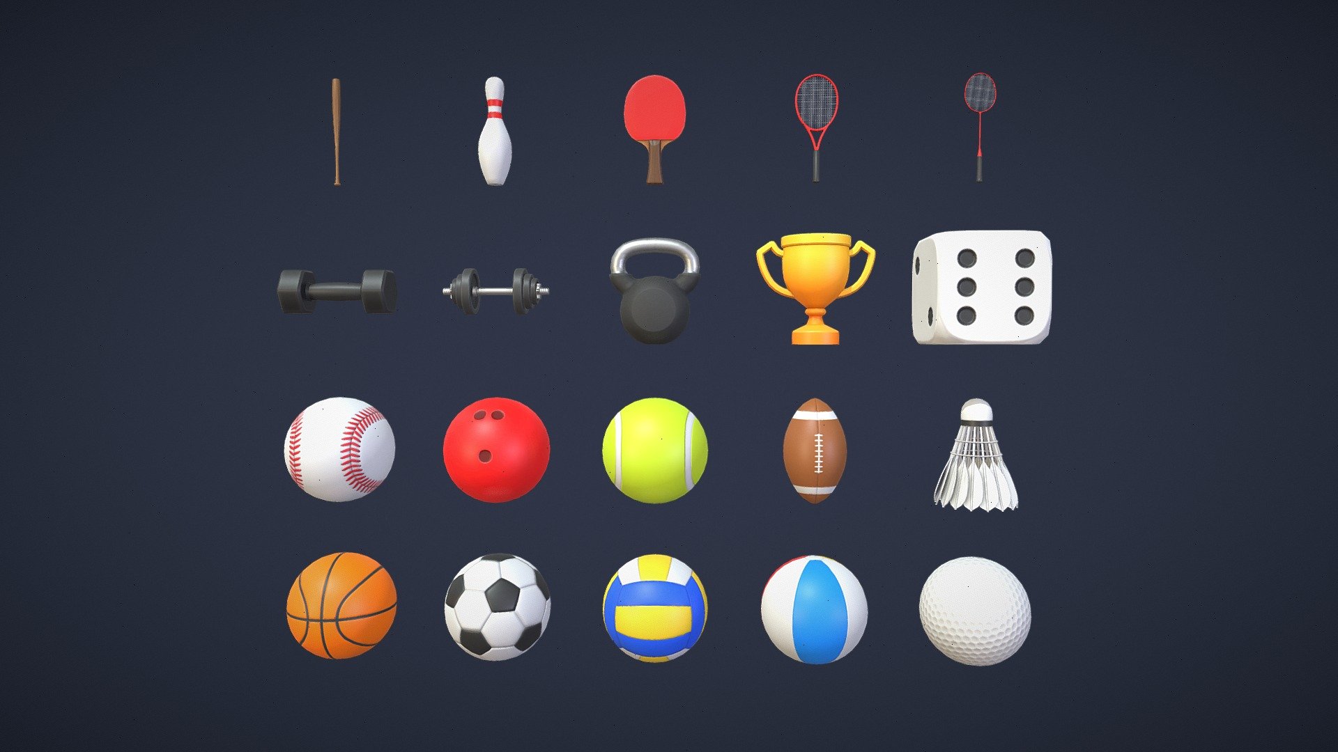 Pack of 20 different models of sports equipment

Pack include:




Badminton racket - 1 540 tris

Baseball bat - 432 tris

Baseball - 768 tris

Basketball - 768 tris

Beach ball - 768 tris

Bowling ball - 768 tris

Bowling pin - 672 tris

Dice - 332 tris

Dumbbells - 3 680 tris

Fitness dumbbells - 408 tris

Football - 960 tris

Golf ball - 768 tris

Kettlebell - 960 tris

Shuttlecock - 1 648 tris

Soccer ball - 768 tris

Table tennis paddle - 848 tris

Tennis ball - 768 tris

Tennis recquet - 1 266 tris

Trophy - 1 512 tris

Volleyball - 768 tris

Texture dimensions: 2048 x 2048 png - Sports Equipment Pack - Buy Royalty Free 3D model by Andrii Sedykh (@andriisedykh) 3d model