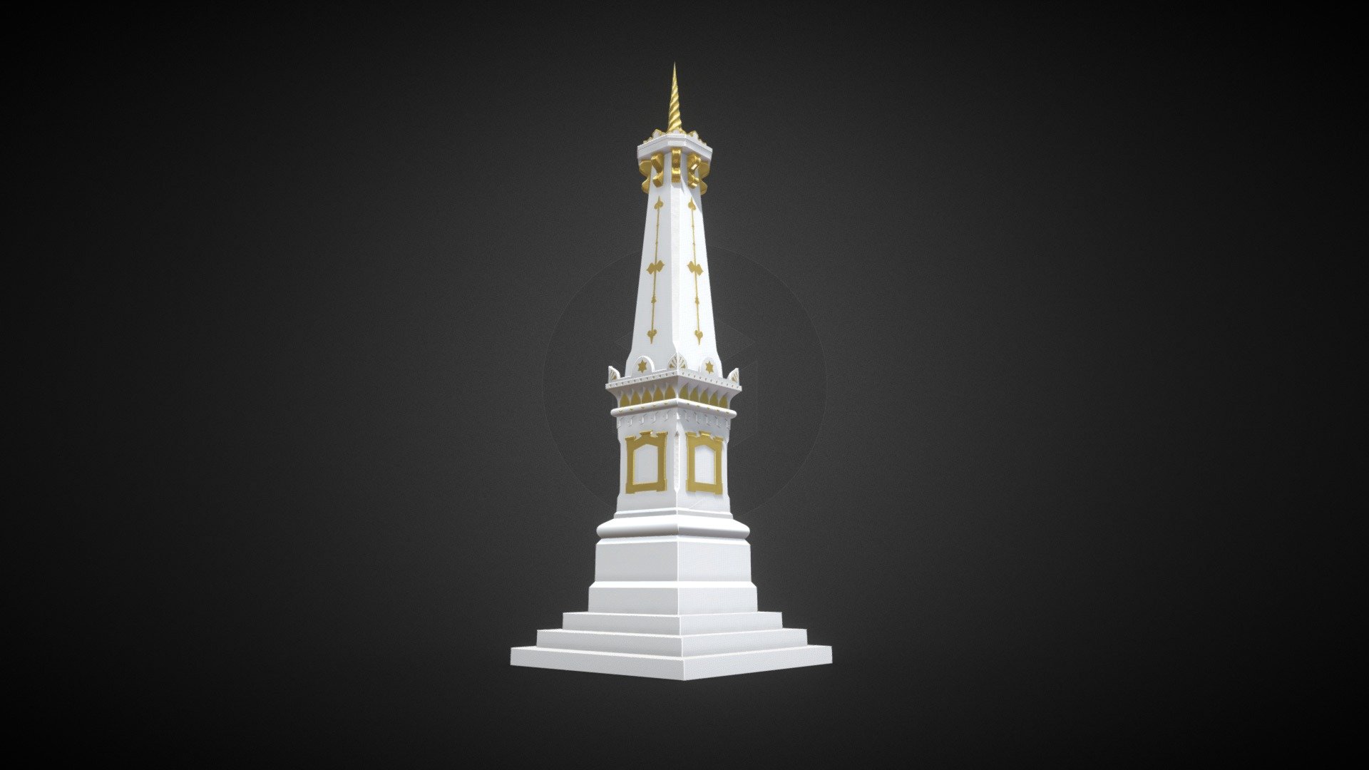 General:





Tugu Jogja has a six-pointed star symbol. 




a white horse with horns with a spiral shape that tapers at the end.




made using a blender




3D models




The model is high-poly resolution




Made completely in Blender 2.93 - 3.0



the Zip archive includes:





FBX version




BLEND version (native)




materials




download with a size of 3MB


 - Indonesian Jogja Monument - 3D model by giga (@gits3d) 3d model