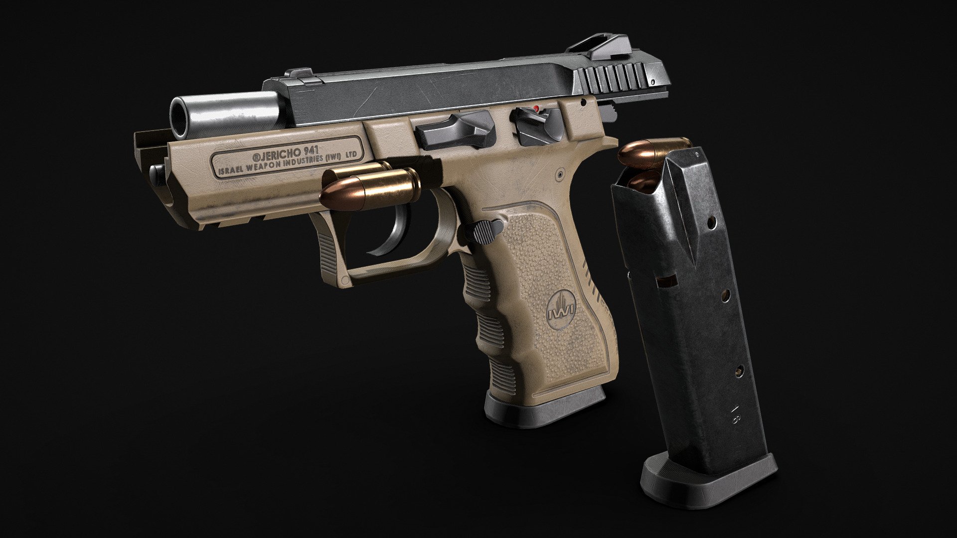 Game ready mesh, with two kinds of textures - Khaki and Black for the IWI Jericho 941 PSL model for an FPS project.

Textures. High resolution textures(4k) exported out of Substance Painter for Unreal Engine 4 and Unity in targa format. And also there is a main textures packs(Base Color, Height, Metallic, Mixed AO, Normal, Normal DirectX and Roughness maps).

Meshes. All meshes were exported in .fbx and .obj formats and for your convenience were divided into several mesh files: Gun Slide Moved, Hammer Moved Down, Hammer Moved Up and Magazine + Bullets + Sleeve

Substance Painter.
There is an .spp file with only mesh and all the baked maps.

Triscount: 

Gun: 7080 tris 

Magazine: 787 tris 

Bullet: 512 tris

Files. All files were collected in one .rar file.

! Attention this 3D model is not 3D printable. !

Questions. If you have any questions - contact me at disu.post@gmail.com

Note to the buyer.
Buying this model you get 2 packages of textures - &ldquo;Khaki