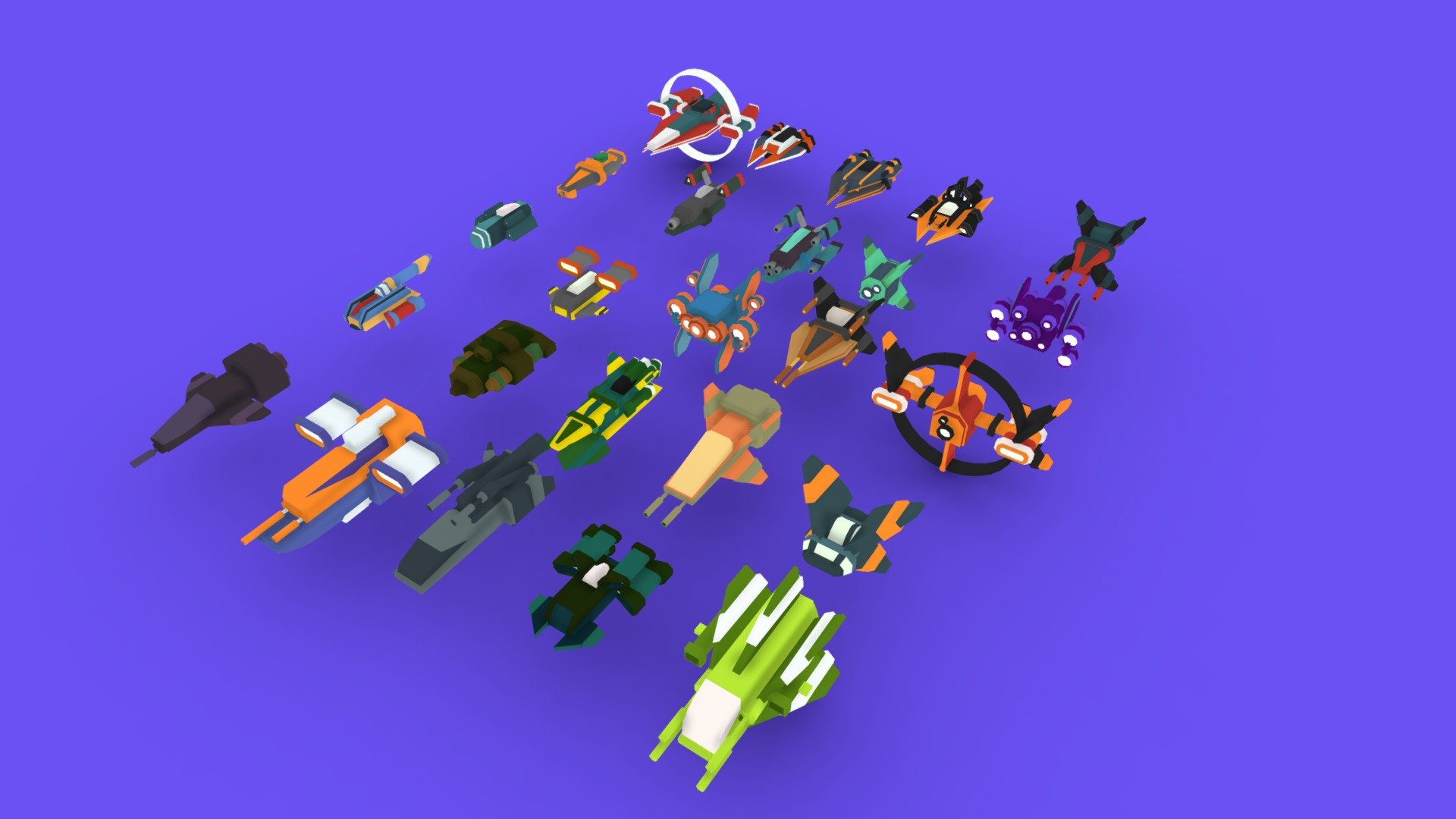 Shoot &lsquo;Em With Style

Asset pack containing 25 Science-Fiction Spaceships.
Format : .fbx 

Lowest Poly Count :  400

Highest Poly Count :2200

There are 2 materials - one for the base color &amp; the other one for the emission. Both use the same texture atlas 3d model