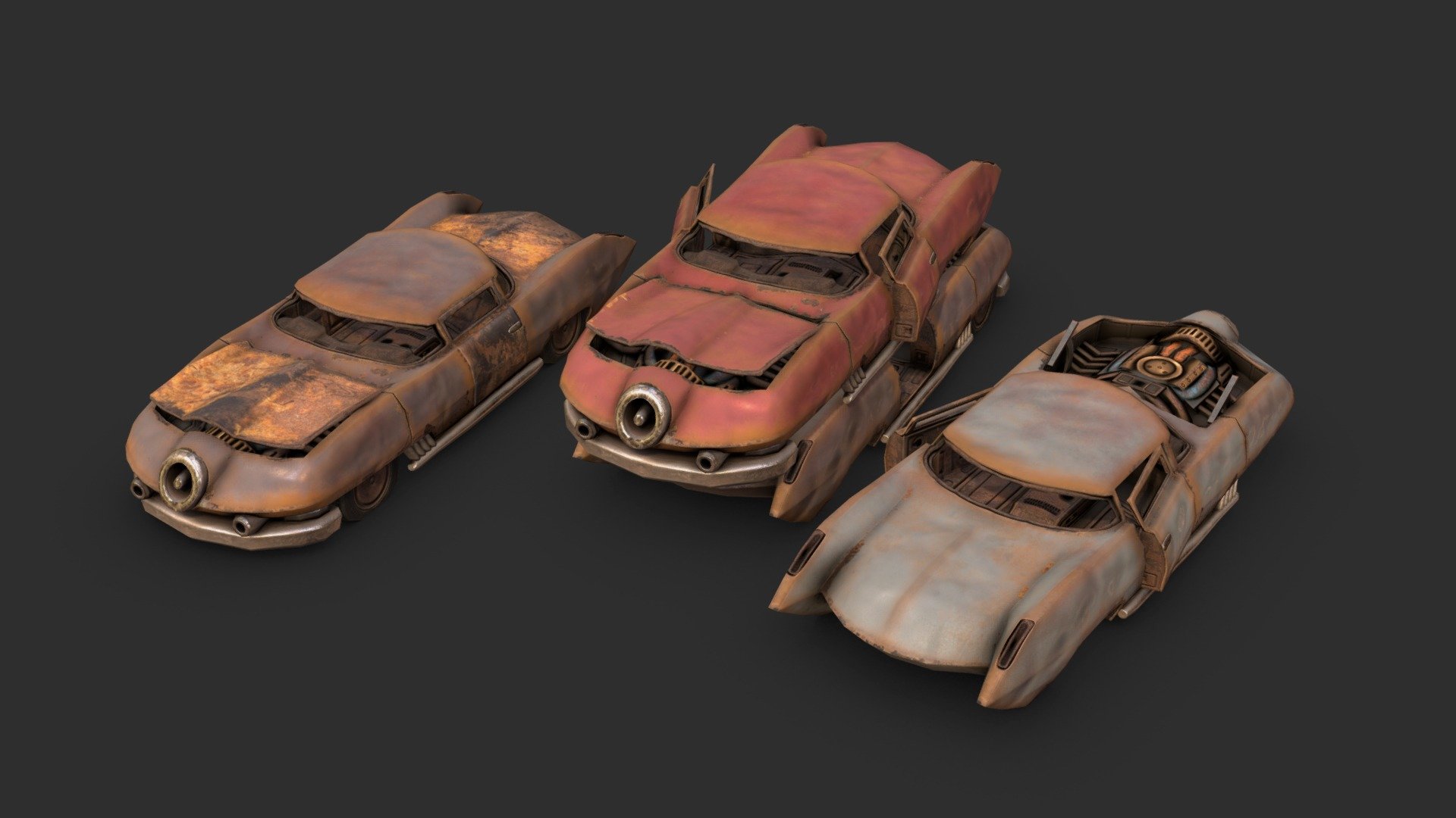 A remake of the original Fallout 1 Corvega automobile, made as something that might be able to be modded into the later Fallout games at some point.

The original sprite for comparison: 

Made with 3DSMax and Substance Painter 3d model