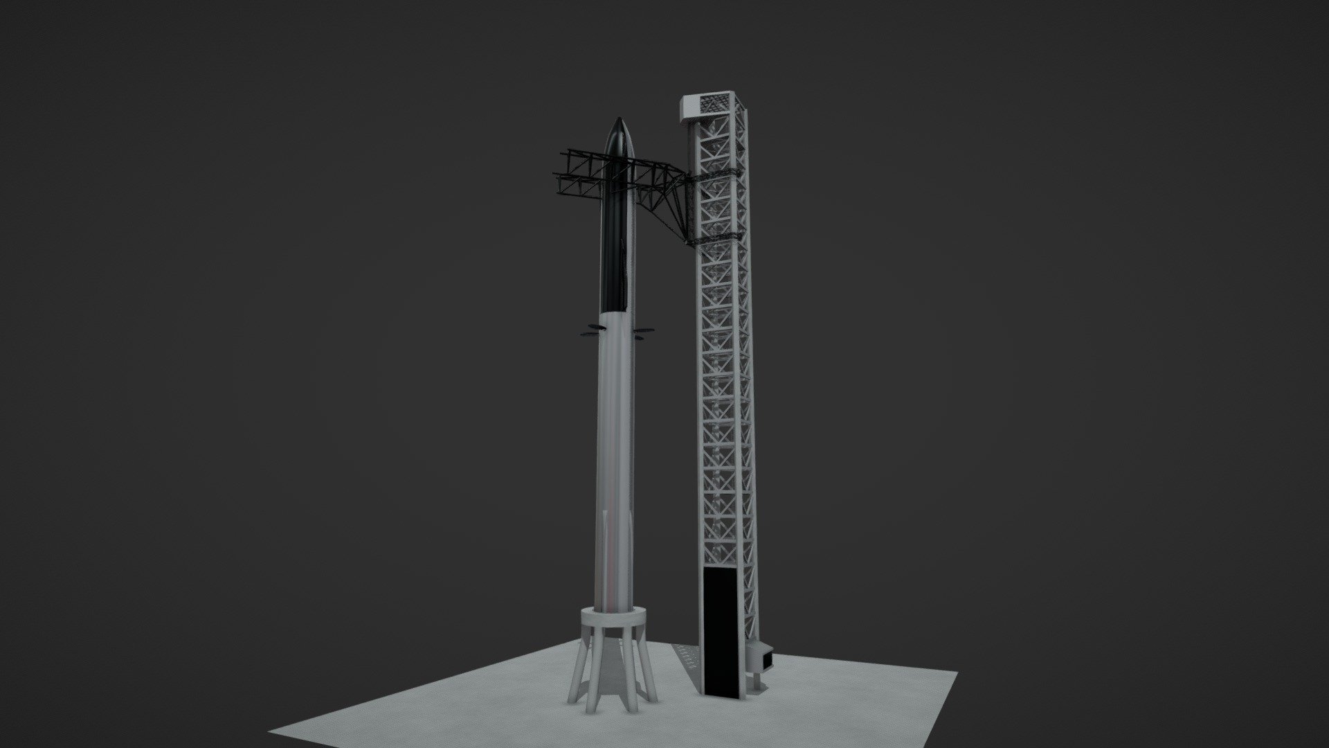 It is designed by SpaceX, 
Its a Starship &amp; Super Heavy rocket booster with its launch and catch tower,
3D model is Low poly model, - Starship Launch & Catch Tower - Buy Royalty Free 3D model by 5th Dimension (@5th-Dimension) 3d model