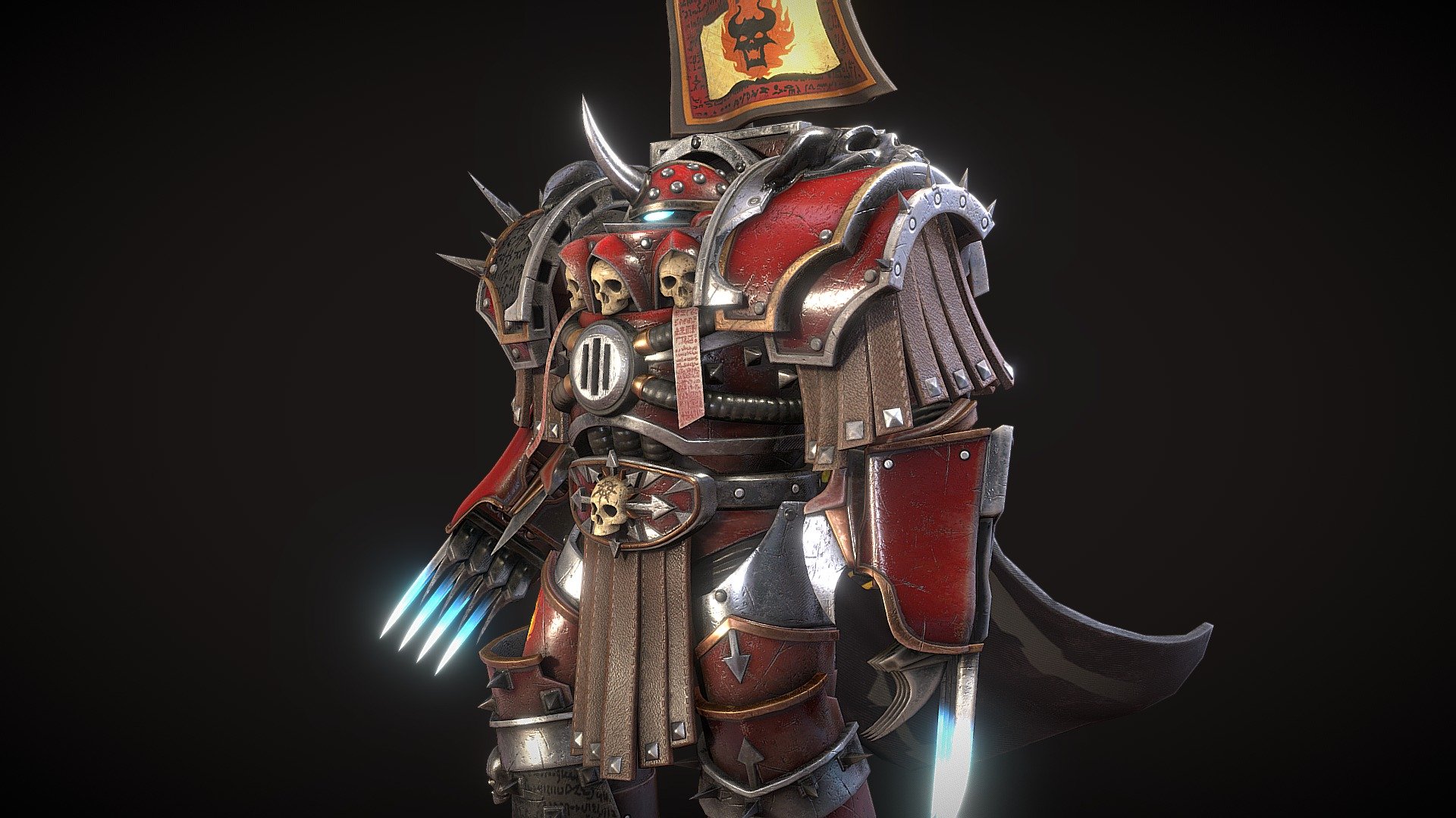 This is Brother Vardox of the traitorous Word Bearers Legion, ready to desecrate imperial worlds in the name of the Chaos Gods.
&lsquo;'Speak the words of Lorgar and you shall live forever in the glory of Chaos. Speak them not and every one of you shall die today.'&lsquo;

https://www.artstation.com/christopheduranddeshaies - Chaos Space Marine Terminator (Word Bearers) - 3D model by HumpalumpaQc (@mod.christophe.duranddeshaies) 3d model