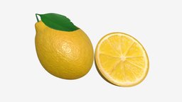 Fresh lemon with slice and leaf tree, food, fruit, garden, tropical, cut, leaf, yellow, whole, citrus, lemon, citron, salad, lime, 3d, model