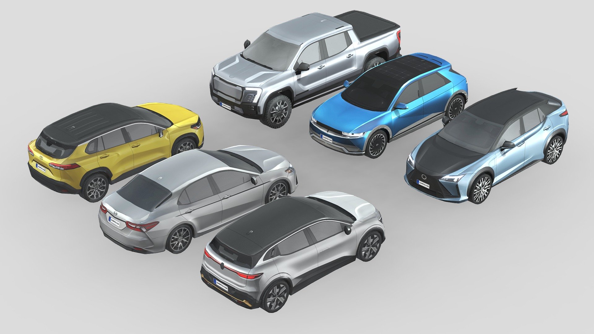Our best low-poly car collection! Each car in this collection is carefully crafted, offering perfect topology and geometry. This ensures seamless integration into your projects.

With a low-poly concept, all cars deliver a visually stunning experience, complete with amazing details. This is made possible by pre-rendered textures that enhance realism optimally.

What’s included in this collection: - GMC Sierra EV 2024 - Hyundai Ioniq 2022 -Lexus RZ 450e 2023 -Renault Megane E Tech - Toyota Camry LE- Hybrid 2023 - Toyota Corolla Cross Hybrid 2023

By purchasing this collection, you will get high-quality low-poly assets, a perfect blend of quality and unbeatable affordability! - Low-Poly Car Pack 008 - Green Machine - Buy Royalty Free 3D model by slowpoly 3d model