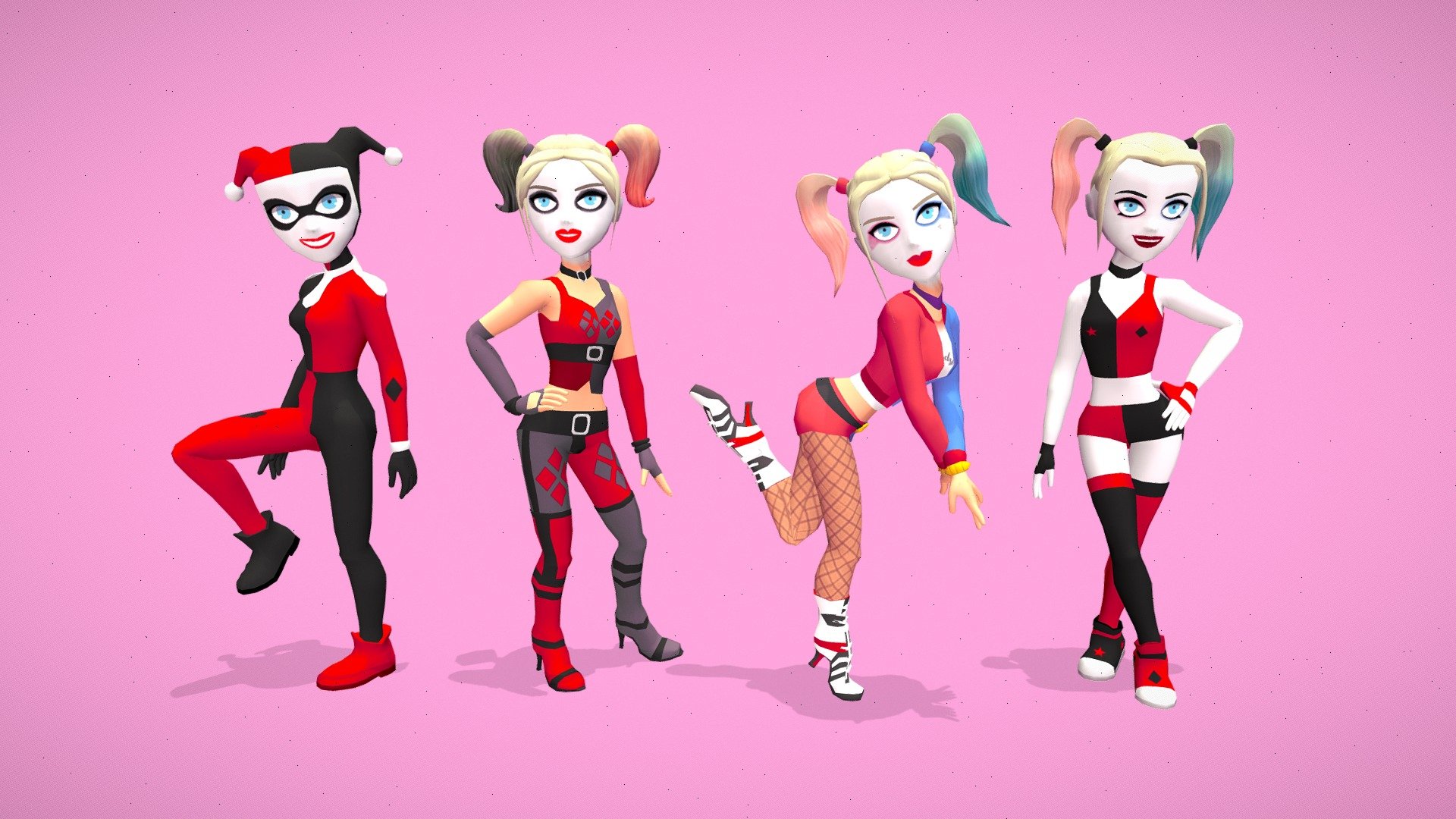 Harley - low poly 3D character. The pack includes several types of characters from different times and interpretations of the comic character.

The pack includes 4 types of Joker character. Each of the characters is a cartoon version of a character from the various films in which the character has been.

4 separate types of character meshes, each with a rig and overall texture

*animations not included

Number of textures - 1 Texture dimensions - 1024x1024 
Polygon count of [Harley_1] - 4574 triangles
Polygon count of [Harley_2] - 7360 triangles
Polygon count of [Harley_3] - 7486 triangles
Polygon count of [Harley_4] - 6266 triangles
Number of meshes/prefabs - 4 
Rigging - Yes UV mapping -Yes

*animations not included - Harley - low poly 3D character - 3D model by Colorful Lions Studio (@colorfullionsstudio) 3d model