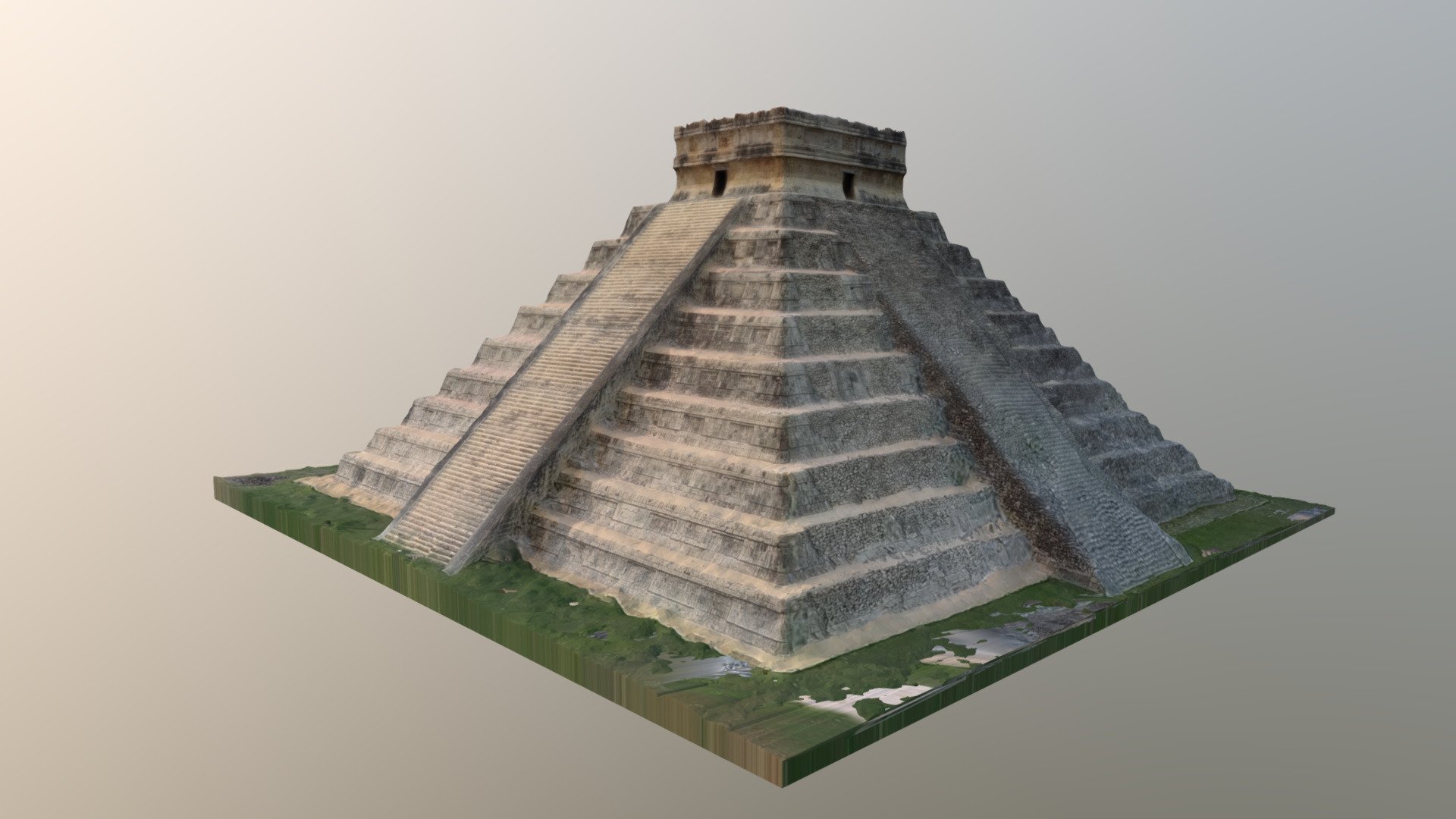 El Castillo, known as the Temple of Kukulcán (or also just as Kukulcán), is a Mesoamerican step-pyramid that dominates the center of the Chichen Itza archaeological site in the Mexican state of Yucatán. The pyramid building is more formally designated by archaeologists as Chichen Itza Structure 5B18.

Built by the pre-Columbian Maya civilization sometime between the 8th and 12th centuries AD, the pyramid served as a temple to the deity Kukulcán, the Yucatec Maya Feathered Serpent deity closely related to Quetzalcoatl, a deity known to the Aztecs and other central Mexican cultures of the Postclassic period. It has a substructure that likely was constructed several centuries earlier for the same purpose.

Photogrammetry model made with several 4k videos, an higher quality version is available 3d model