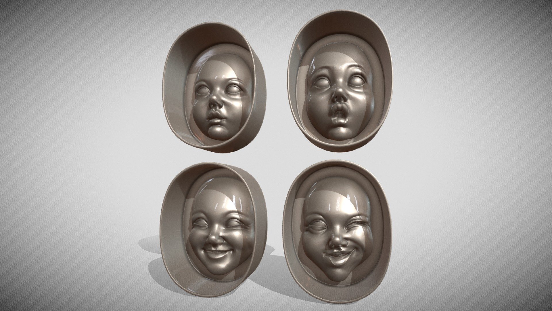 Baby face molds with different emotions for casting silicone molds, reusable, for the subsequent production of baby faces for handmade dolls or for any other creative decoration.
You just need to pour silicone into these molds and you will get ready-made durable silicone molds, filling which you can cast or sculpt faces, for example, using polymer clay, foam, or other substances that are used in this kind of work.
Attention! From these molds you do not cast the faces themselves, but silicone molds for reusable production of faces
I set the size of the molds to 40 mm, but you can change it as you need.
All models are checked, tight, have no foreign inclusions 3d model