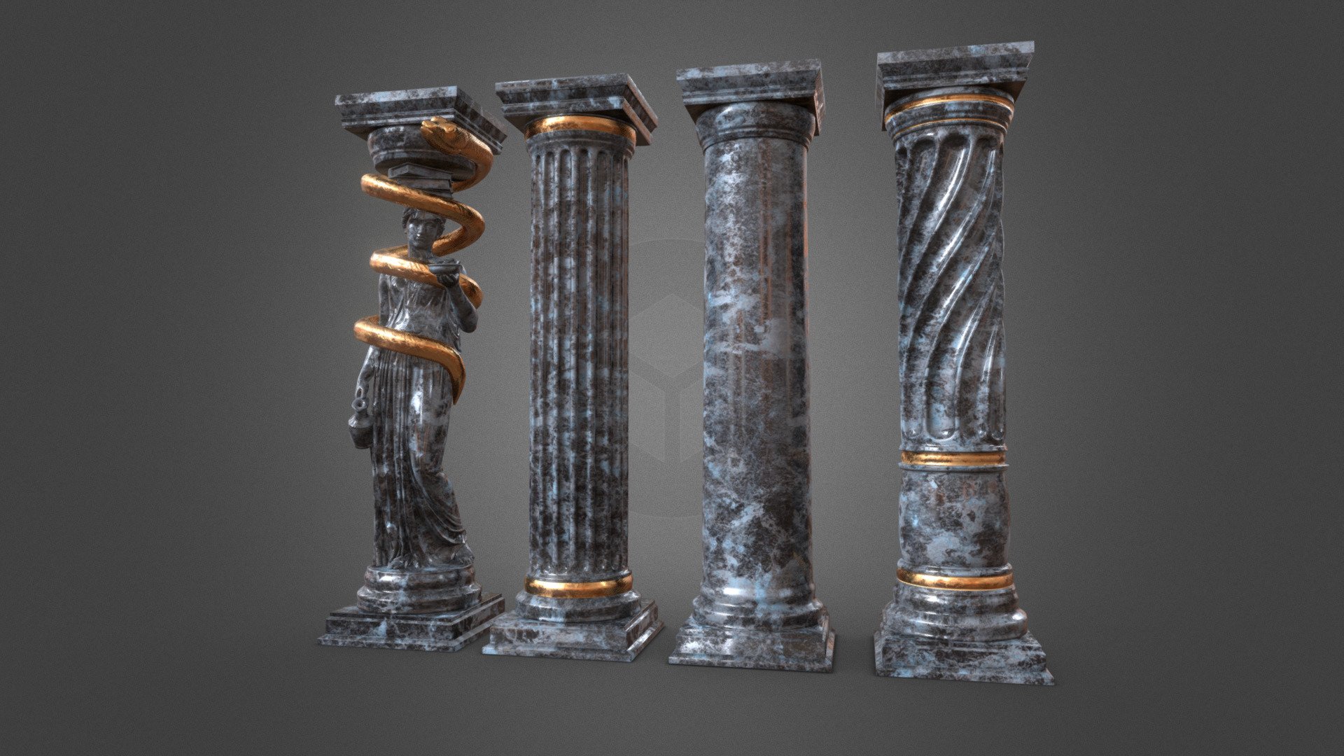 Noble Columns, Classicism and Baroque Style inspired.
Containing classical statue of Goddess Hebe by Bertel Thorvaldsen.

Textures 2K (Color, Roughness, Metal, Normal/Bump) - Noble Columns - Asset Pack - Download Free 3D model by Samuel Francis Johnson (Oneironauticus) (@oneironauticus) 3d model