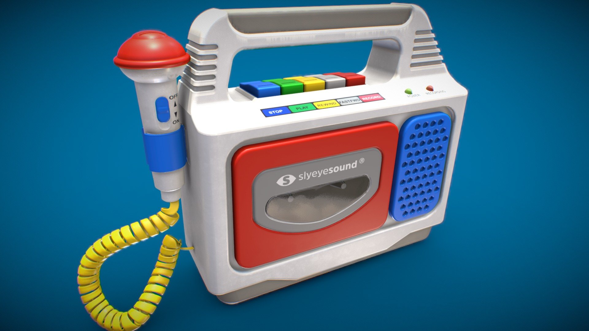 Modeled in Rhino, UVed in Maya, textured in Substance Painter.

Based on reference images from a vintage 1990s German released &lsquo;SoundMaster Sing-A-Song Kinder Kassetten Rekorder'. Apparently a couple other companies (DSI, Street Beat) also released this model as their &lsquo;Sing-along Cassette Recorder'. All made in China 

(original text altered for model) - Kinder Sound Recorder - Buy Royalty Free 3D model by SlyEye (@TomAce) 3d model