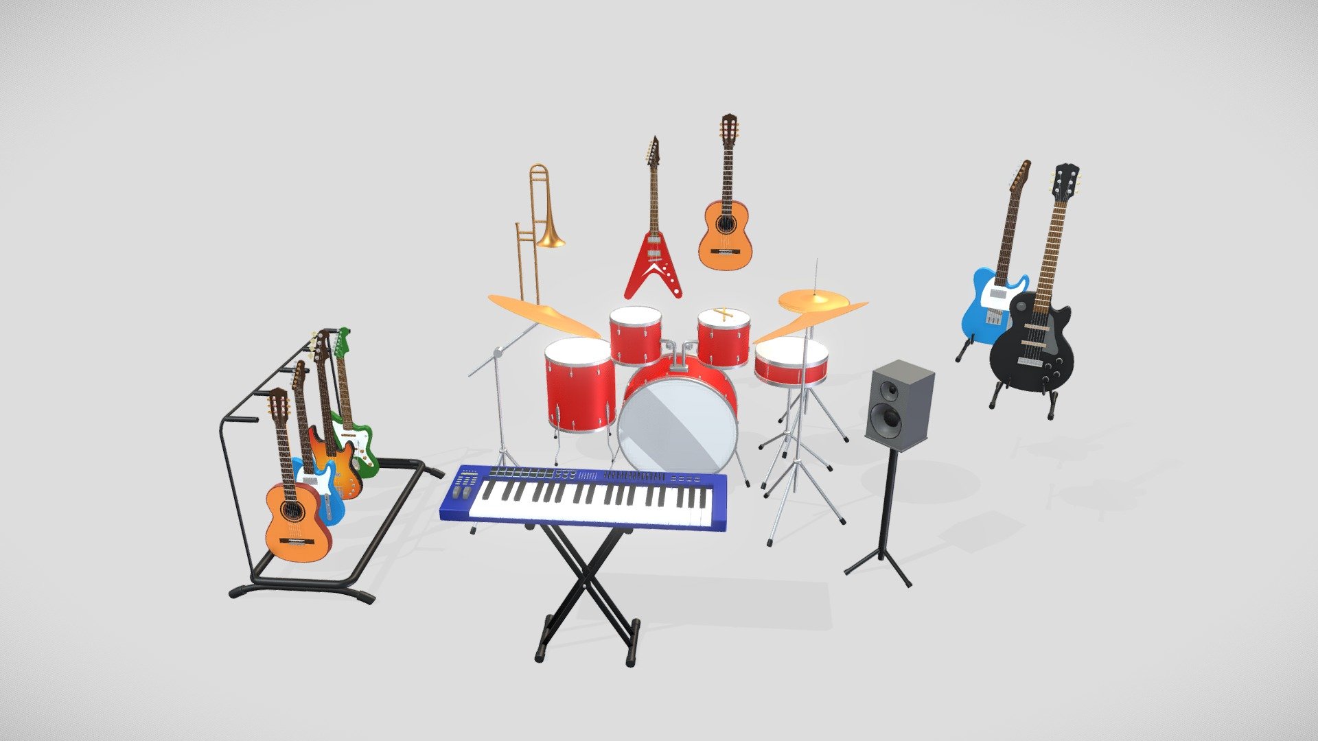In this pack of musical assets you will find the following stylized instruments:


6 guitars
4 drums
Cymbals
Keyboard/Piano
speakers
Racks and stands for instruments
 - Music room - Set of instruments - Buy Royalty Free 3D model by cpineda3d 3d model