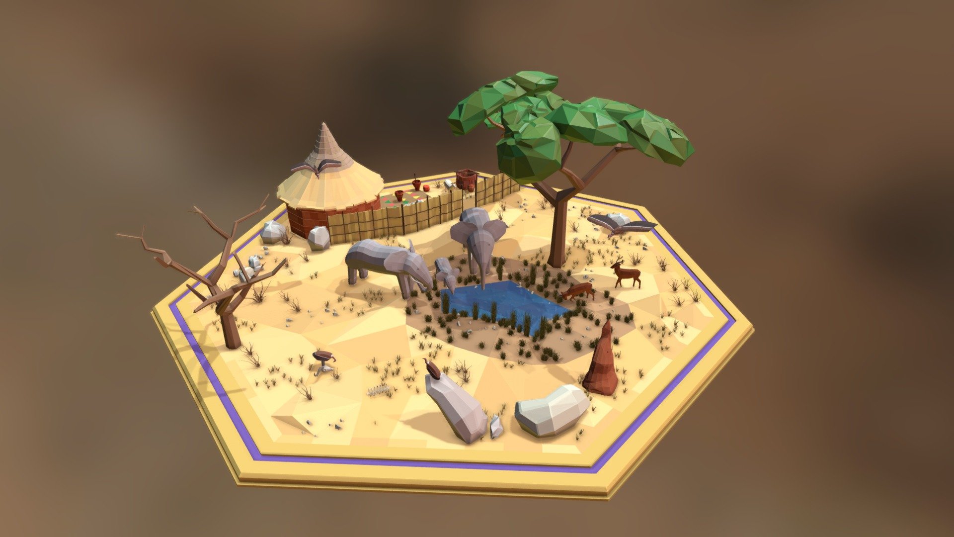 A stylized savanna diorama 3d model