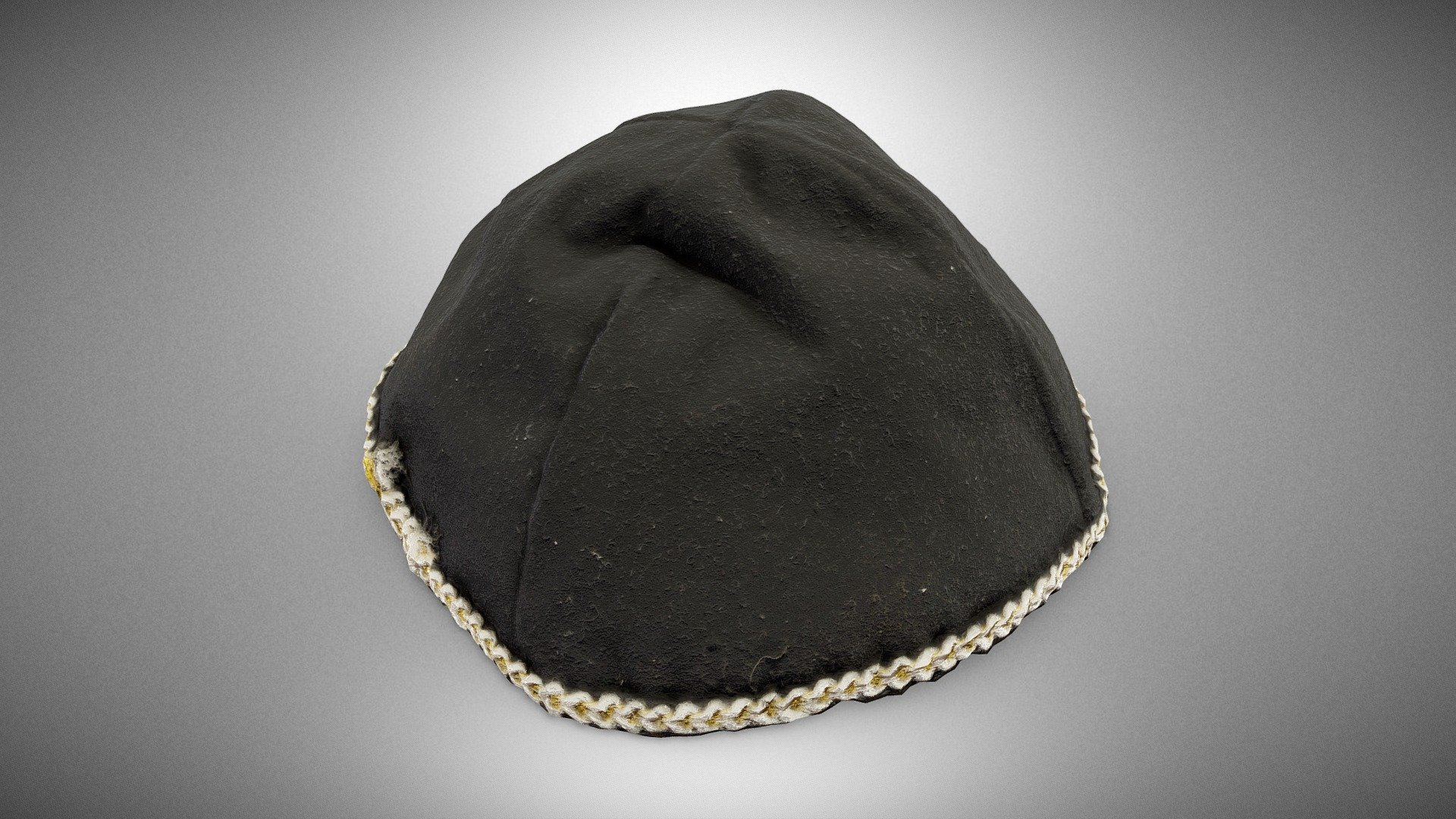 Full name: Black kippah from the house of Szymon Kluger in Oświęcim, Poland

Known as a kippah or a yarmulke, it seems to be the most universally recognised symbol of Jewish religiosity and culture.  What is the origin of the custom of wearing this small brimless skullcap by Jewish men atop their head? The practice of covering only the crown of one’s head is not rooted in any Biblical or Talmudic precepts. Instead, its foundation lies in the description of the clothes of a high priest (Exodus 28:4, 36-39) or in the traditional headwear of Talmudic scholars in Babylonia. 

For more images and further information, visit: https://muzea.malopolska.pl/en/objects-list/3009

Inventory number: MZ-336-O

Localisation of the physical object: Auschwitz Jewish Center, Oświęcim, Poland  

Digitalisation: Regional Digitalisation Lab, Małopolska Institute of Culture in Kraków, Poland; “Virtual Museums of Małopolska” project - Black kippah from the house of Szymon Kluger - Download Free 3D model by Virtual Museums of Małopolska (@WirtualneMuzeaMalopolski) 3d model