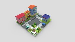 Low Poly Town tree, cat, prop, houses, park, town, neighborhood, coffeeshop, game, blender, lowpoly, low, poly, house, home, car, street, environment