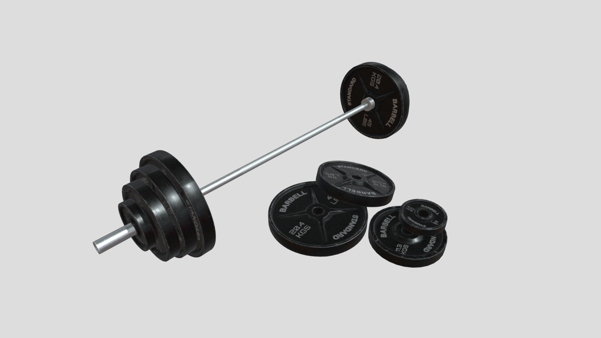 This Barbell comes with the pole and the weights and is perfect for any gym scene. each weight is an individual mesh and the model is viewable from all angles and distances.

This Includes:

The mesh (45 lb, 35 lb, 25 lb, 10 lb, Pole)
4K, 2K, 1K Texture Set (Albedo, Metallic, Roughness, Normal, Height)
The meshes are UV Unwrapped with vertex colors for easy retexturing 3d model