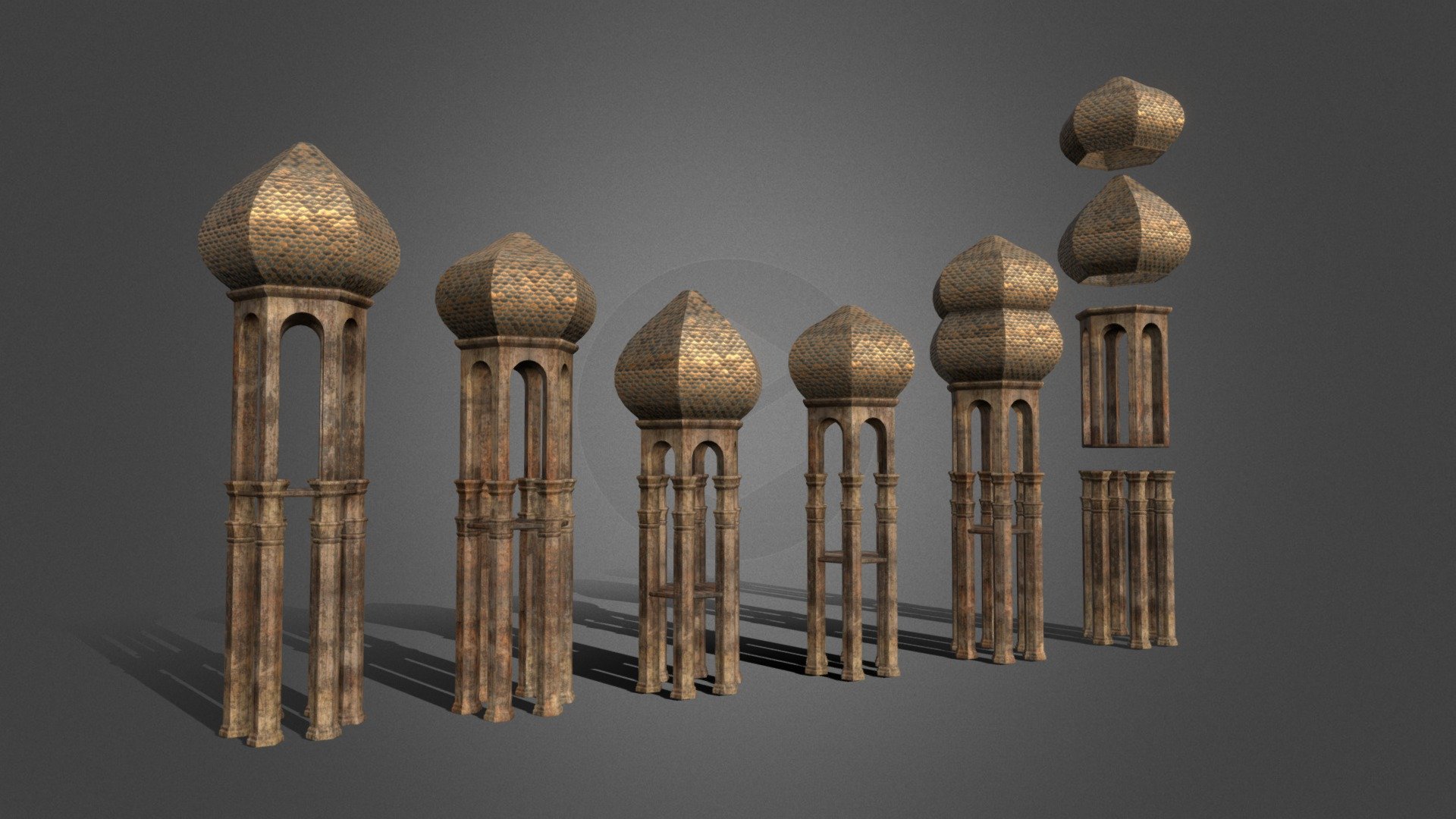 Architectural Asset pack of ancient and medieval eurasian onion dome towers. For ancient or early medieval east european or west asian urban environments.

Four Elements with 2K Textures in different combination and alternate rotations. Includes also seperate Elements for further aleternation in environment building.

Models are free but you really rock if you support me with a small donation :) - Onion Dome Towers - Asset Pack - Download Free 3D model by Samuel Francis Johnson (Oneironauticus) (@oneironauticus) 3d model