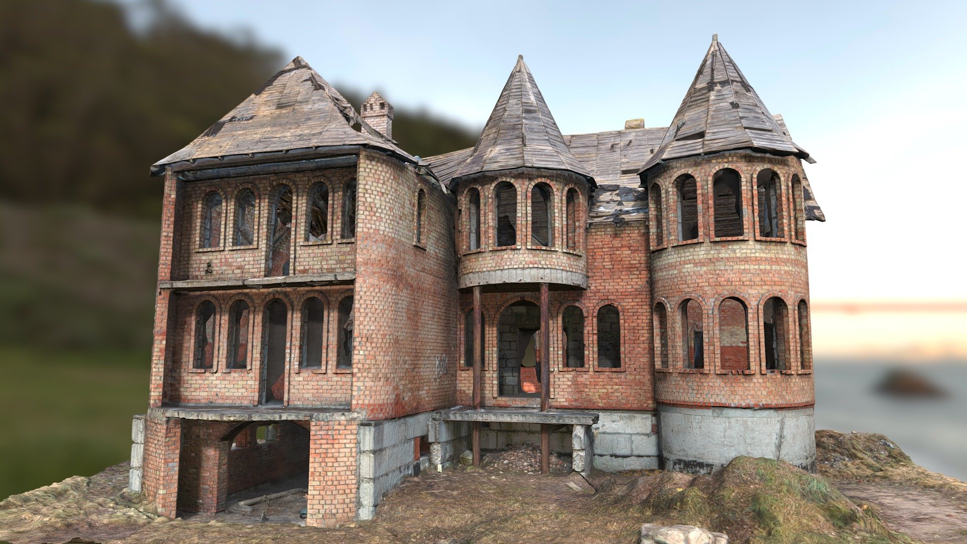 3D scan of an old derelict building with red bricks, many windows. Kinda looks like a castle.
With normal map 3d model