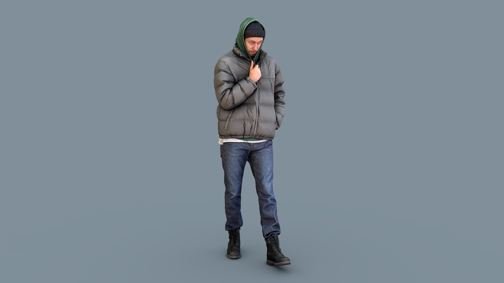 Follow us on Instagram 👍🏻

✉️ A young tall guy in a hood walks forward, shielding himself from the wind. He is dressed in dark jeans, high black lace-up boots, a green sweater and a gray down jacket.

🦾 This model will be an excellent mid-range participant. It does not need to be very close and try to see the details, it reveals and demonstrates its texture as much as possible in case of a certain distance from the foreground.

⚙️ Photorealistic Casual Character 3d model ready for Virtual Reality (VR), Augmented Reality (AR), games and other real-time apps. Suitable for the architectural visualization and another graphical projects. 50 000 polygons per model.

OXEL94 - City ​​of Winds - 3D model by kanistra 3d model