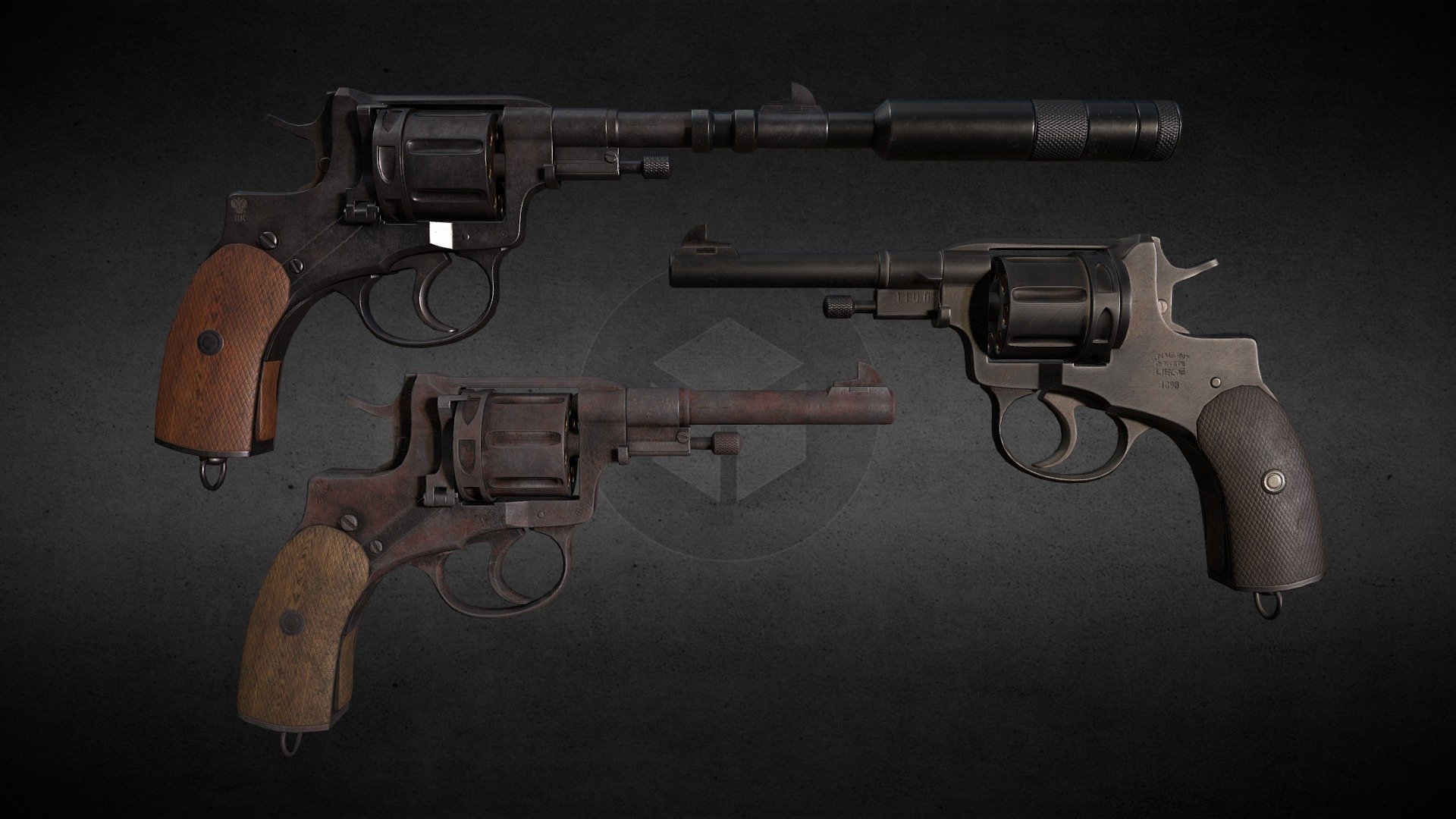 Artstation Post: https://www.artstation.com/artwork/rwPyO

A lowpoly PBR Russian 1898 Nagant revolver with silencer and bullets, with three texture variations. The model is split into separate parts with proper hierarchy, ready to be rigged and animated.

Full model and 4k textures are in the additional files archive.

Model Parts:





Frame: 2928 tris, 1565 verts;




Barrel: 1396 tris, 686 verts;




Lever: 358 tris, 190 verts;




Hammer: 322 tris, 168 verts;




Trigger: 174 tris, 90 verts;




Ejector Housing: 249 tris, 156 verts;




Ejector: 190 tris, 97 verts;




Silencer: 504 tris, 252 verts;




Shell: 468 tris, 238 verts;




Bullet: 192 tris, 98 verts



Texture Sets:
- Bullet Texture (1024x1024)





Light Nagant Texture (4098x4098)




Dark Nagant Texture (4098x4098)




Rusty Nagant Texture (4098x4098)



Texture Types:





Ambient Occolusion




Base Color




Glossiness




Metallic




Metallic Roughness (Unity)




Normal (OpenGL)




Normal (DirectX)




Roughness




Specular


 - Nagant Revolver - 3D model by soidev 3d model
