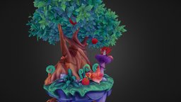 Fox and Chicken Diorama tree, mushroom, apple, rocks, chicken, fox, fern, foliage, floating-island, leaves, noai