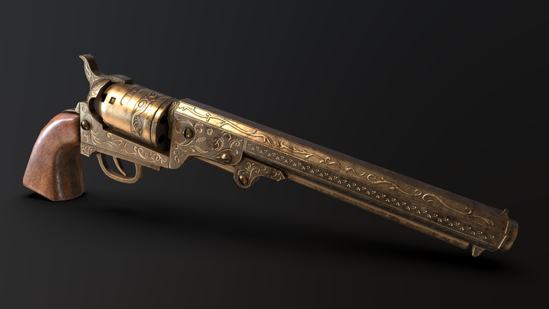 An ornate revolver, the weapon of a dreadful dandy bandit. Made with 3DS Max and Substance Painter 3d model