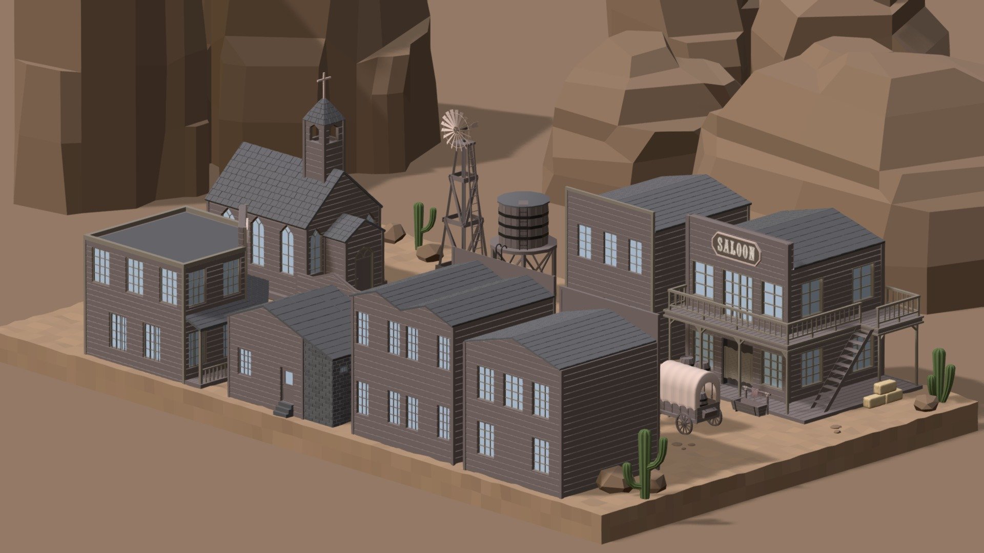 Hello everyone !

I am pleased to present to you this western pack that will blend in with any decor of this style ! You can integrate this mini scene in all your games or animations and create a unique decor of which only you have the secret ! This pack contains:

A saloon
A bank
A sheriff's office
A chapel
Houses
A wind pump
A water tank
A covered cart
Cactus
Rocks
Mountains
Cobblestones
A horse saddle
A watering trough
A cowboy hat
Straw bale
Barril
In fact, everything you see in the images above.

Let yourself be carried away by your imagination ! Enjoy ! - Western - Buy Royalty Free 3D model by ApprenticeRaccoon 3d model